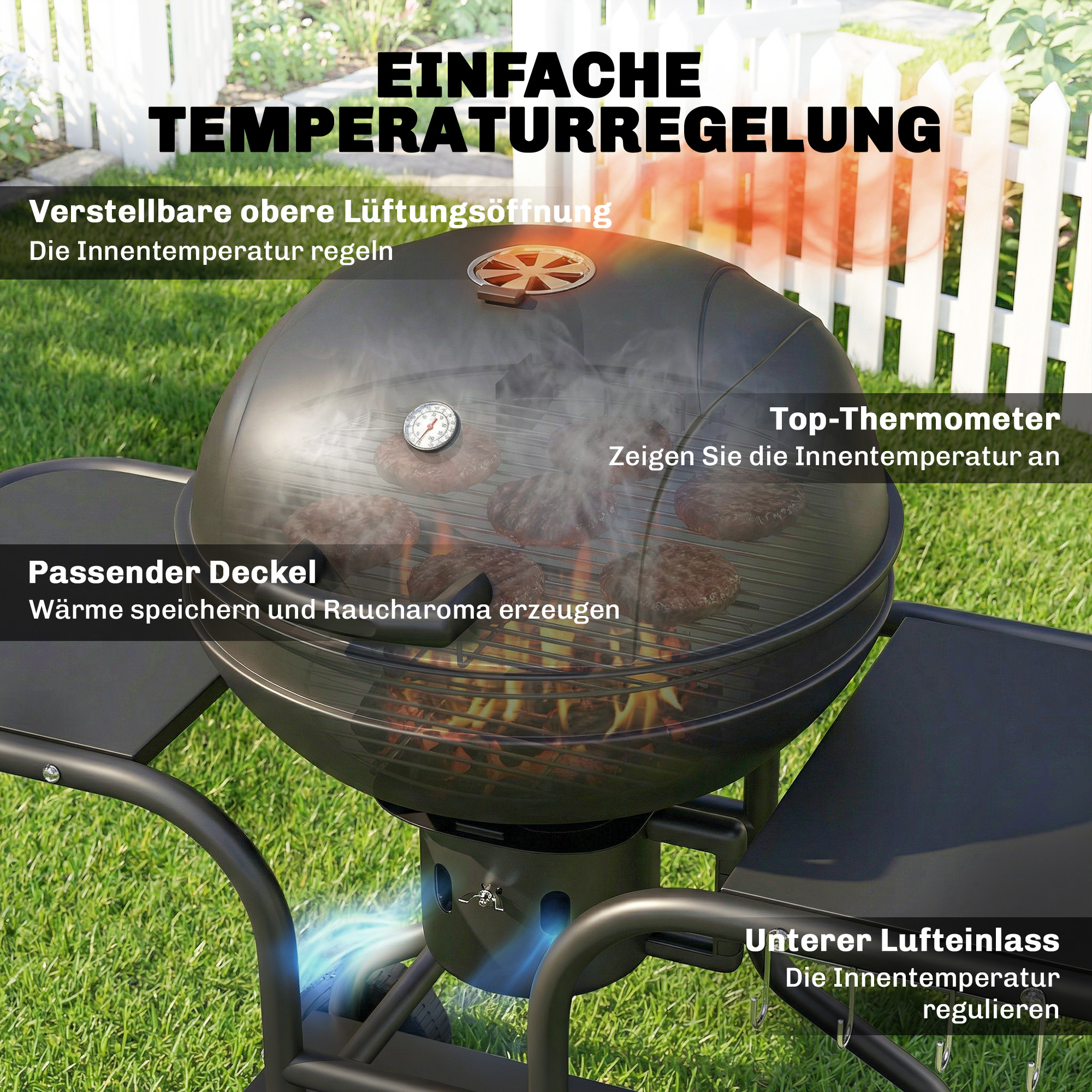 Holzkohlegrill BBQ Smoker mit Seitentischen Deckel Thermometer Räder 129 x 63,5 x 106,5 cm