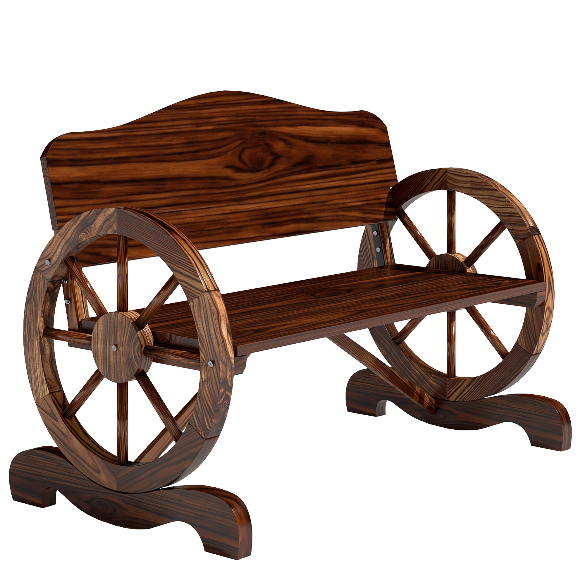 2-Sitzer Gartenbank mit Rad-Armlehnen, Rustikale Outdoor-Bank für Terrasse, Veranda, Fichtenholz, Braun