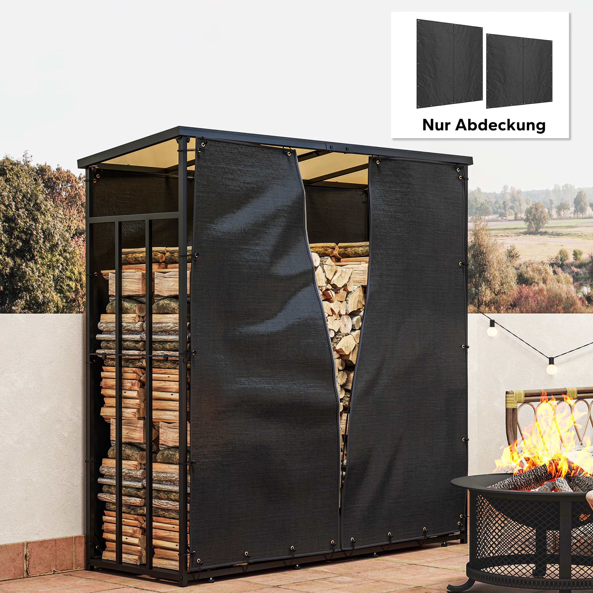 Abdeckung für Brennholzregal, 2er-Set, wetterfest & staubdicht, 174x173 & 174x161,5, Schwarz