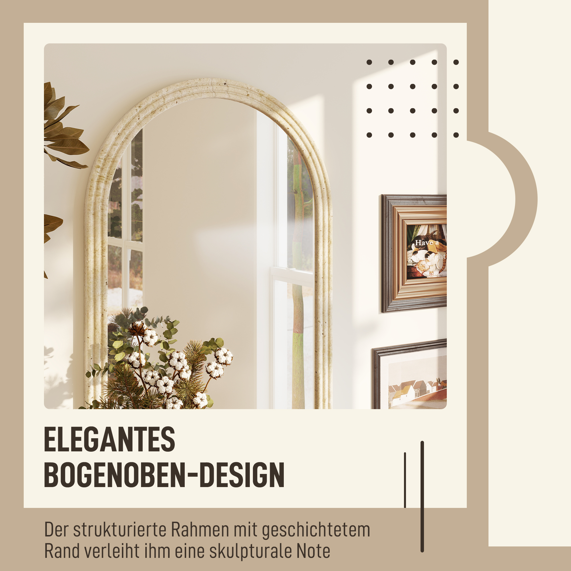 Wandspiegel Bogenförmig Spiegel mit Rahmen aus Polystyrol Dekorativer Hängespiegel 50 x 70 cm Beige