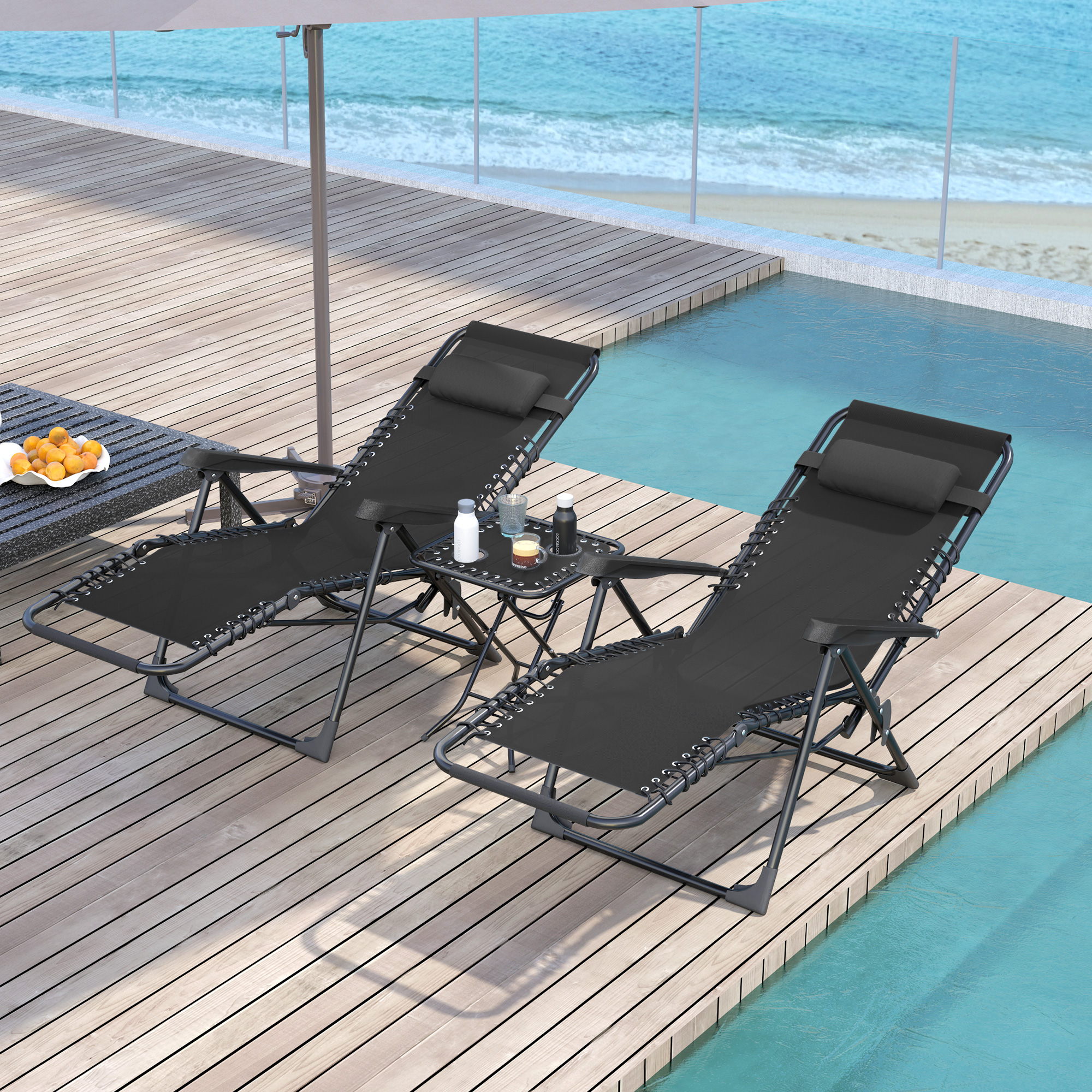 Gartenliege Set 3-TLG. Sonnenliege mit Teetisch 2 Liegestühle Kissen, Outdoor Liege 90x56x110 cm Schwarz