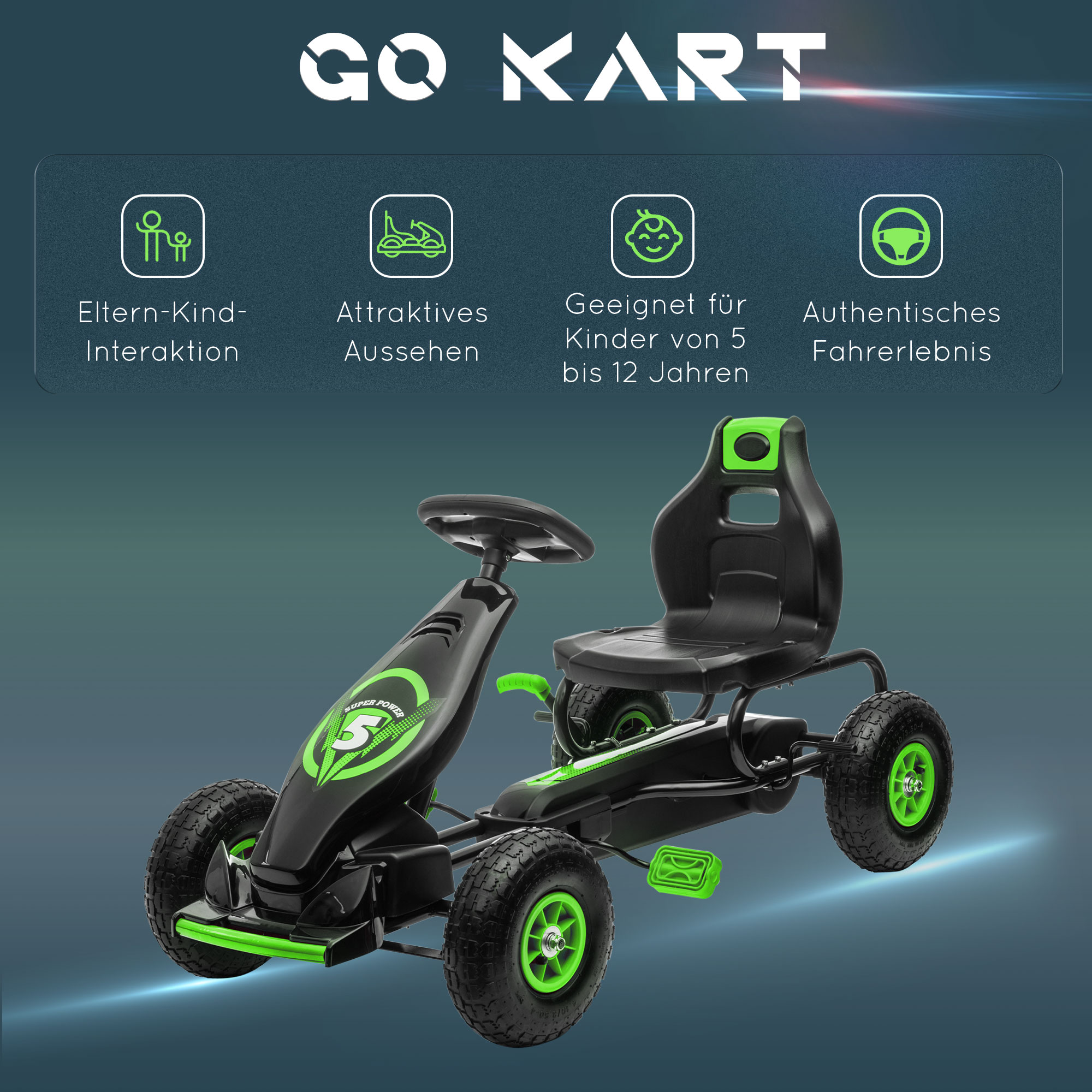 Kinder-Gokart, mit Pedalen, verstellbarem Sitz, In- und Outdoor, ab 5 Jahren, Grün+Schwarz, 121 x 58 x 61 cm