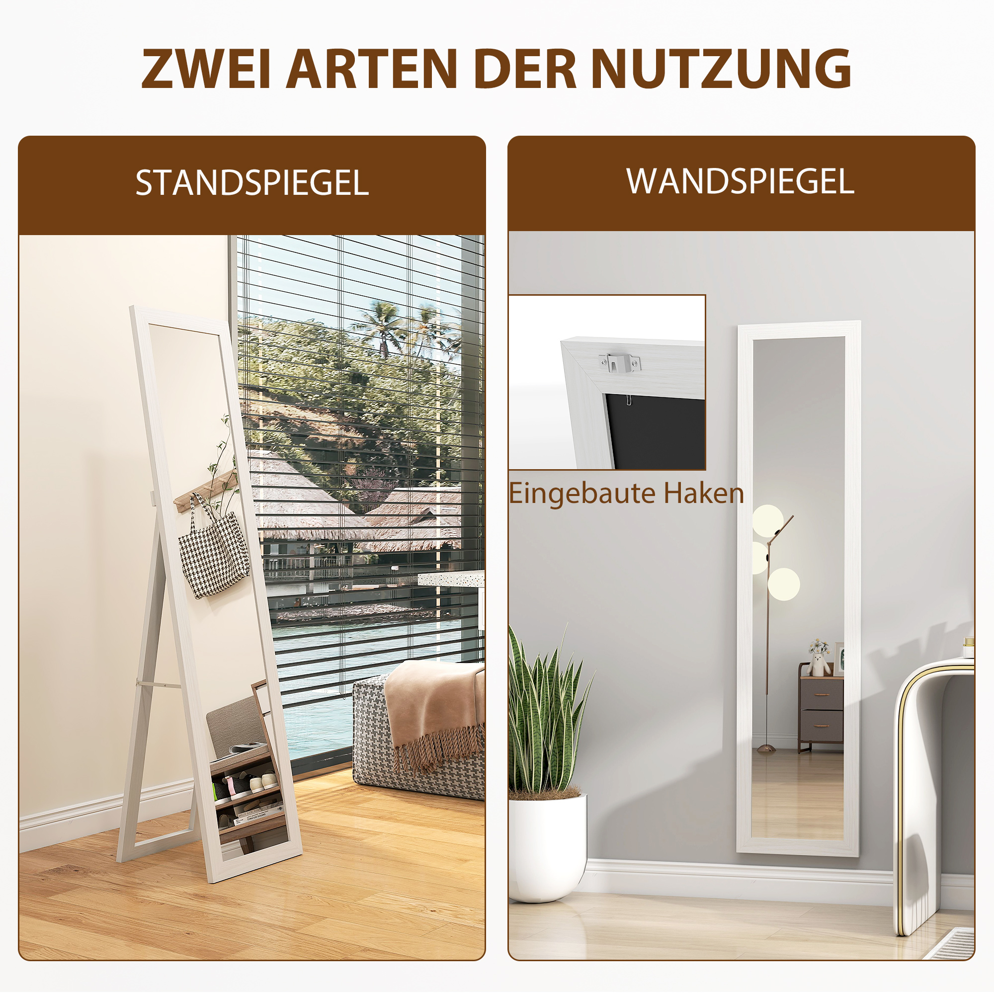 Standspiegel, Ganzkörperspiegel mit Ständer, freistehender Wandspiegel, 37 x 157 cm, Weiß