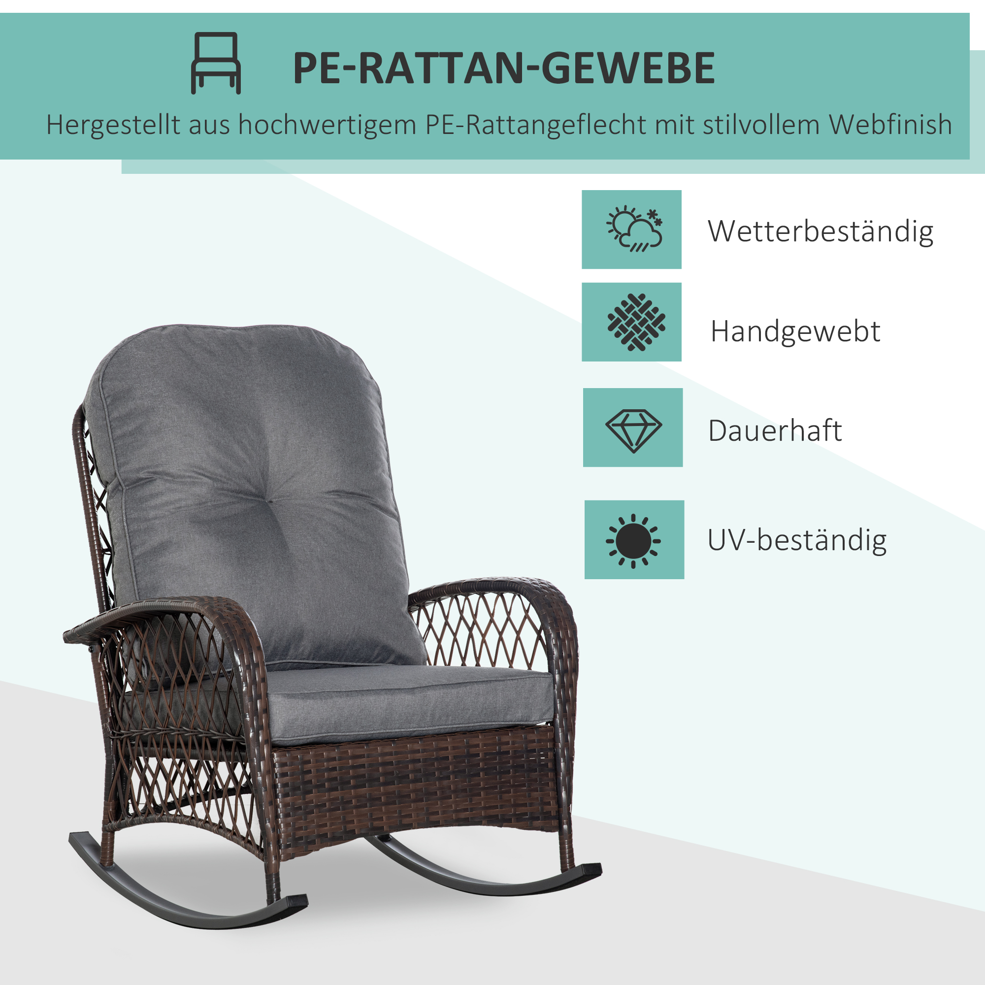 Schaukelstuhl Polster mit Knopfheftung PE-Rattan Stahl Braun + Grau