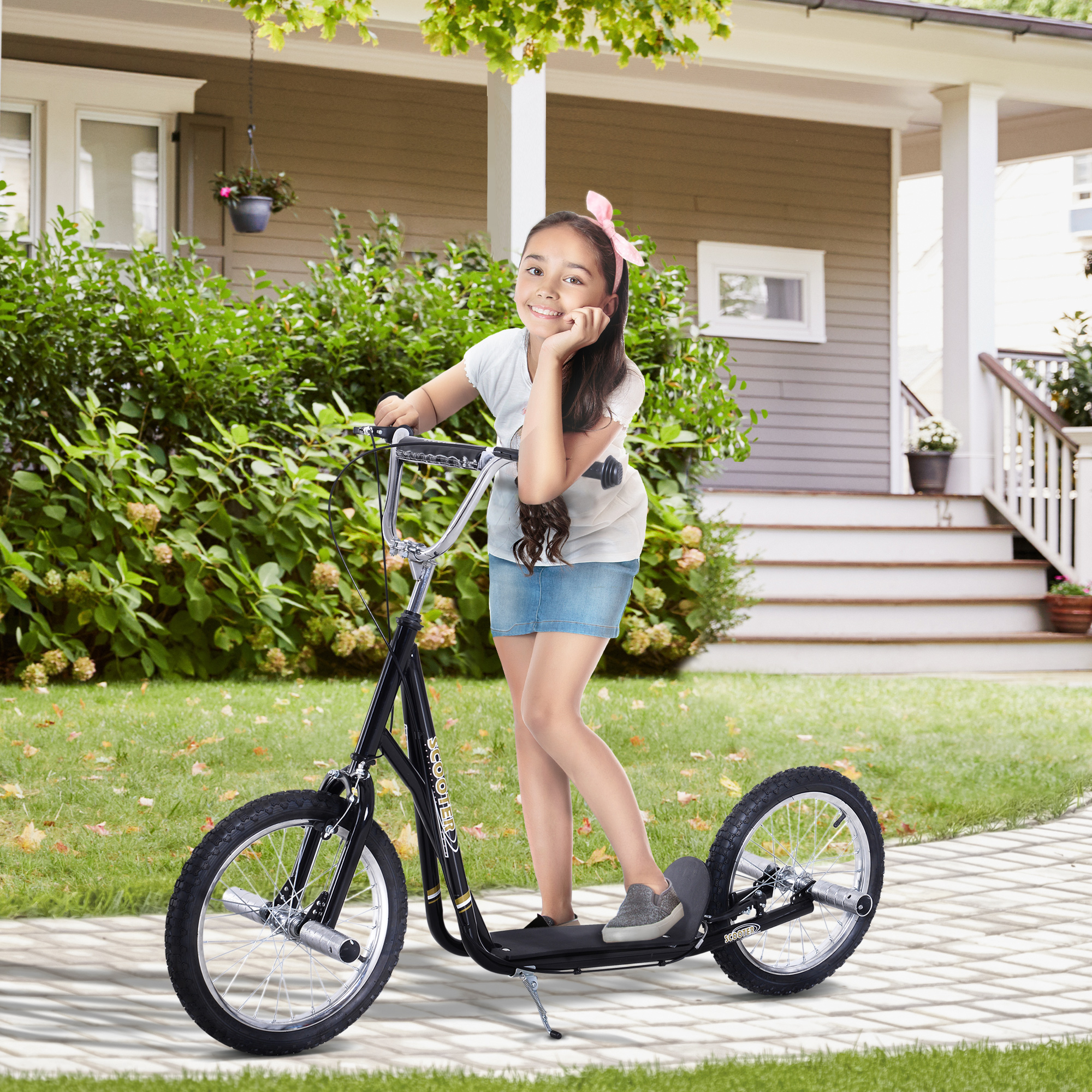 Kinderroller mit Luftreifen Kickscooter Scooter Tretroller Cityroller für Kinder Kickboard 16 Zoll ab 5 Jahre Höhenverstellbar Schwarz 143 x 58 x 92-100 cm
