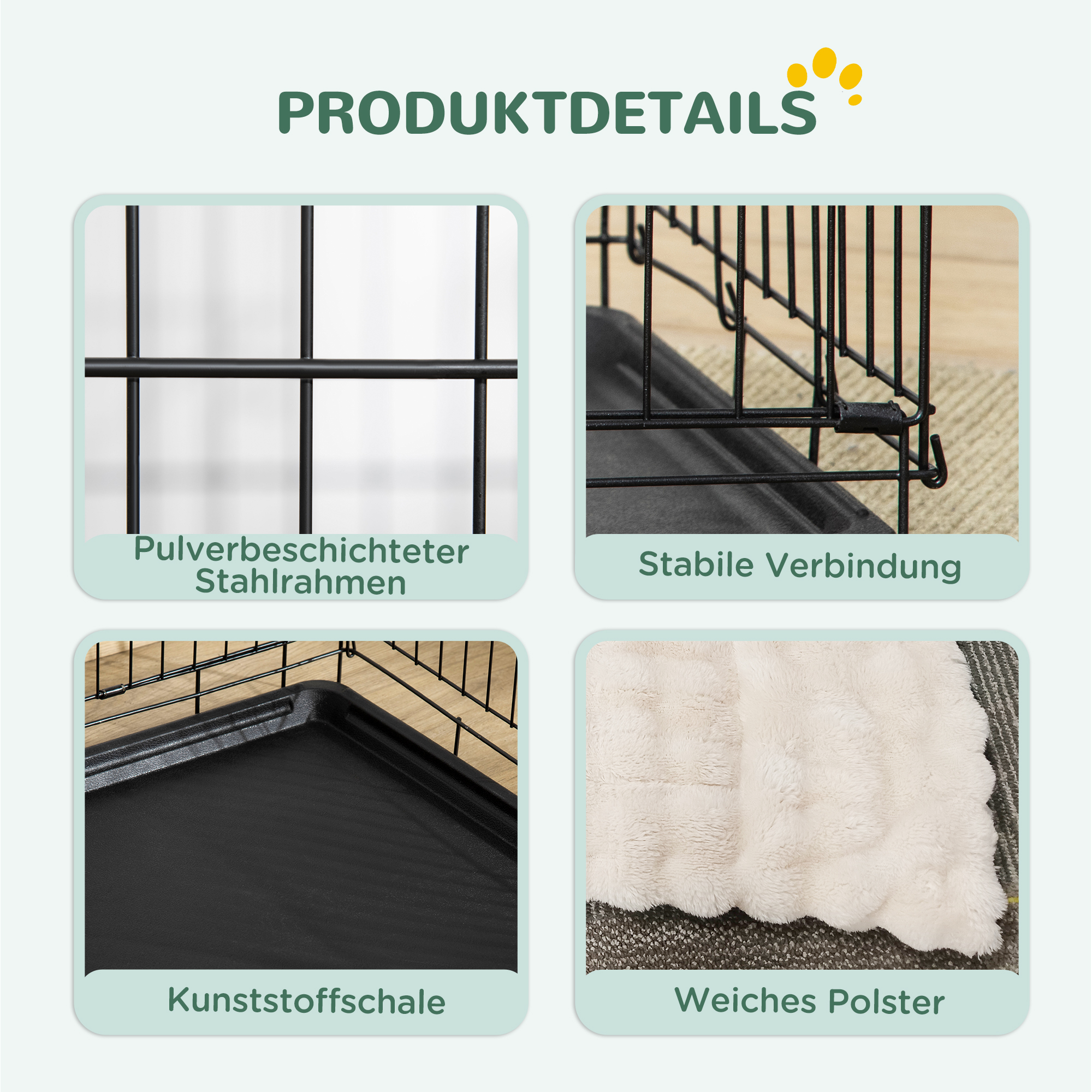 Hundekäfig klappbar Hundebox mit 2 Türen, Transportkäfig mit ausziehbare Bodenschale Kissen 75 x 48,5 x 53 cm Schwarz
