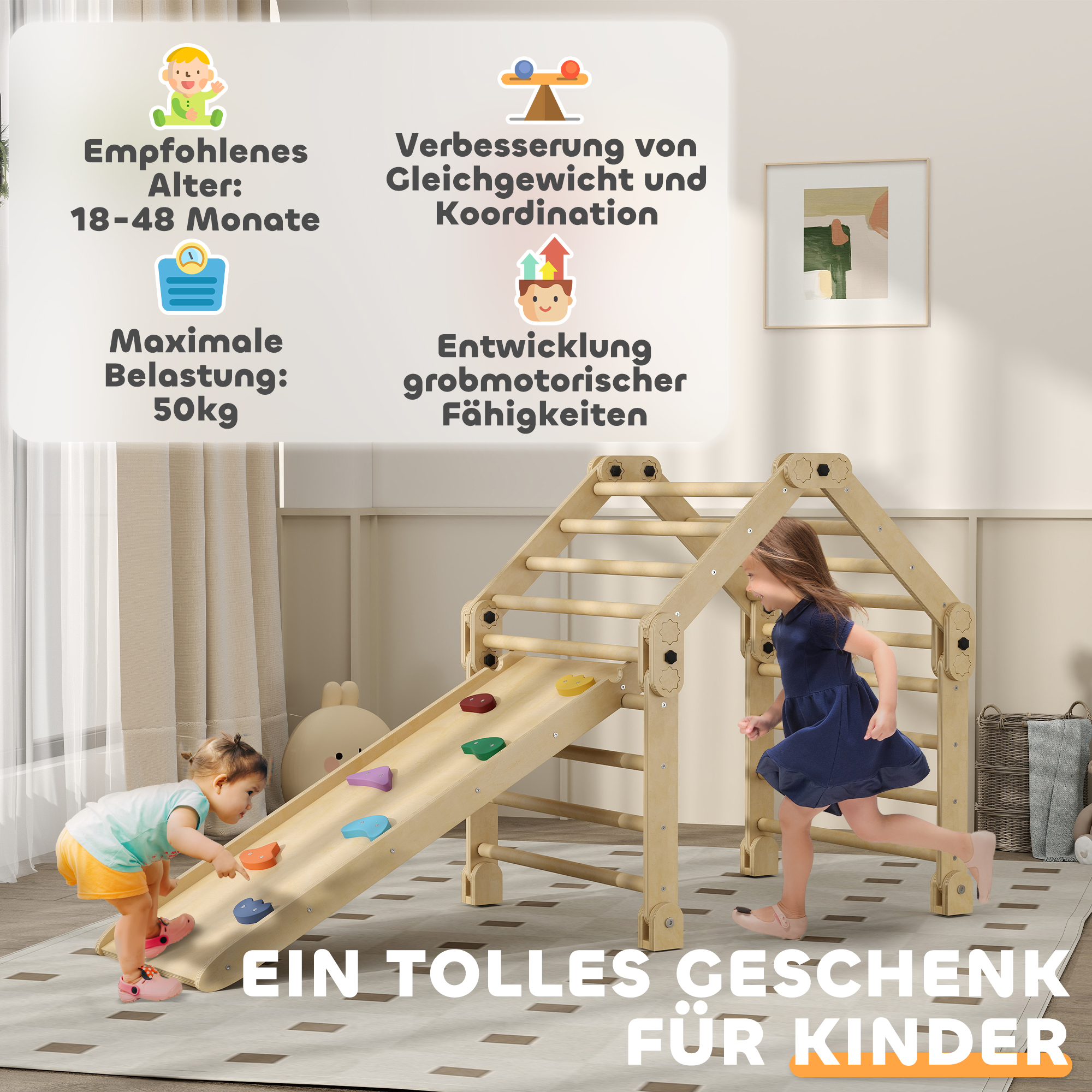Klettergerüst 3-in-1, faltbar, Leiter & Rutsche/Kletterwand, Holz, für Kinder 1,5-4 Jahre