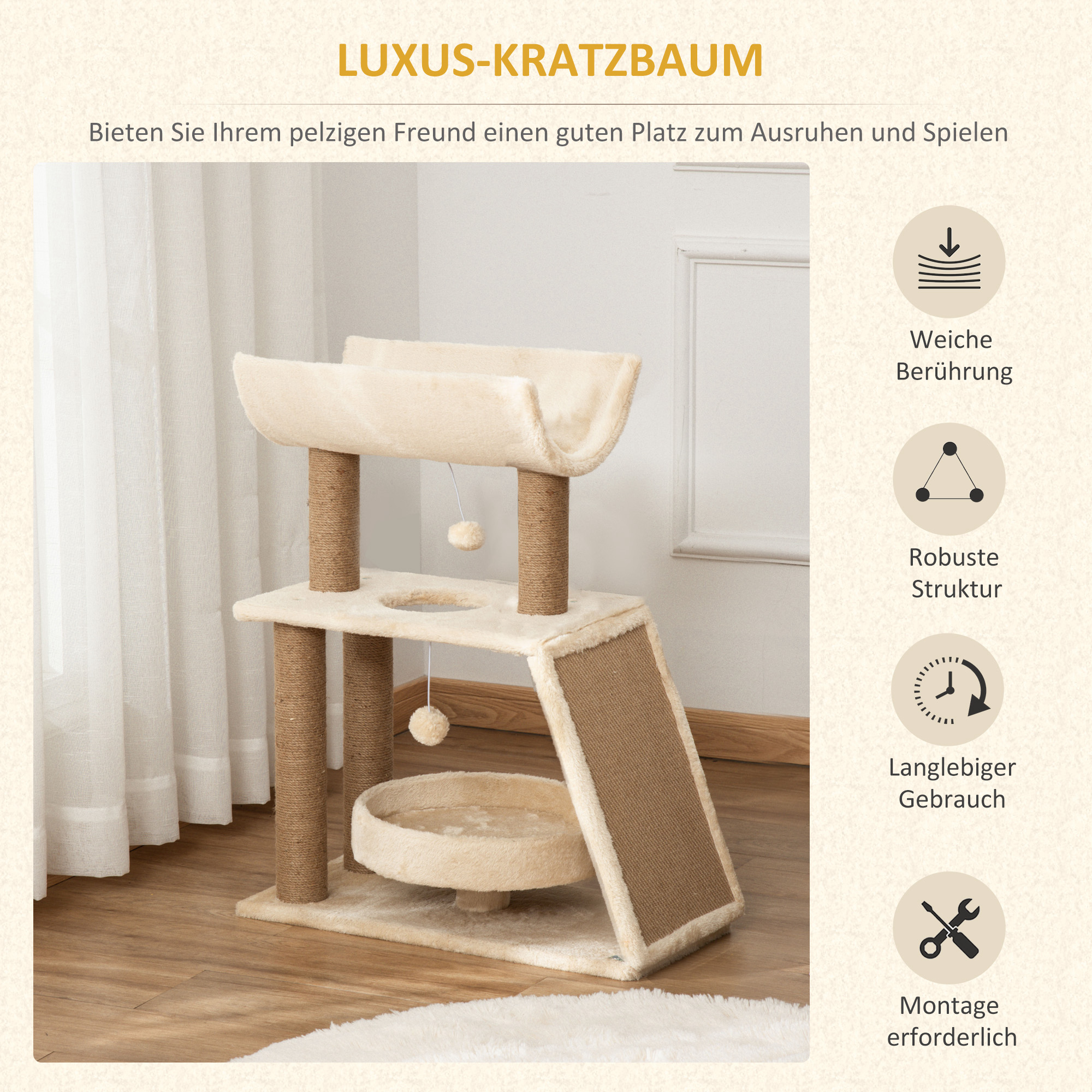 Kratzbaum Katzenbaum, inkl. Spielzeug und Katzenbett, 60 cm x 30 cm x 76 cm, Creme + Natur
