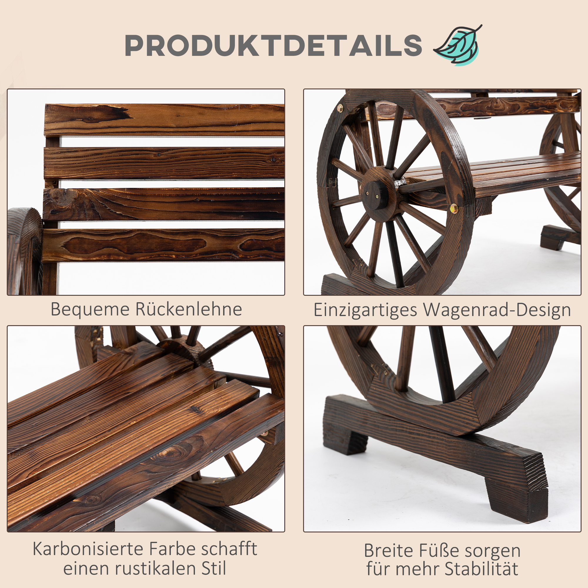 Gartenbank, Wagenrad-Design, für 2 Personen, Naturholz, dunkelbraun, 105,5 x 56 x 79cm