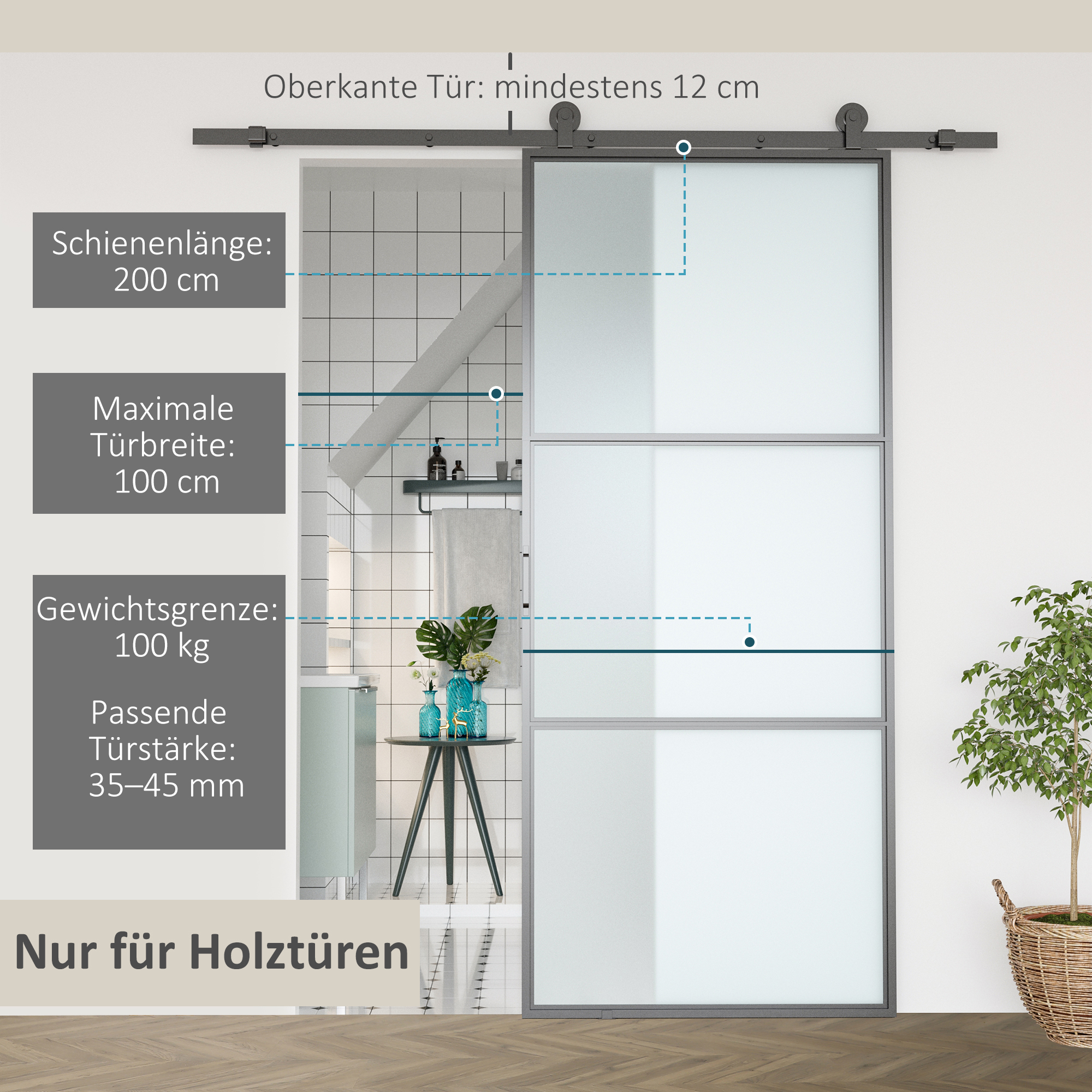 Schiebetür-Kit, Kohlenstoffstahl, Installations-Set ohne Tür, platzsparend, Schwarz