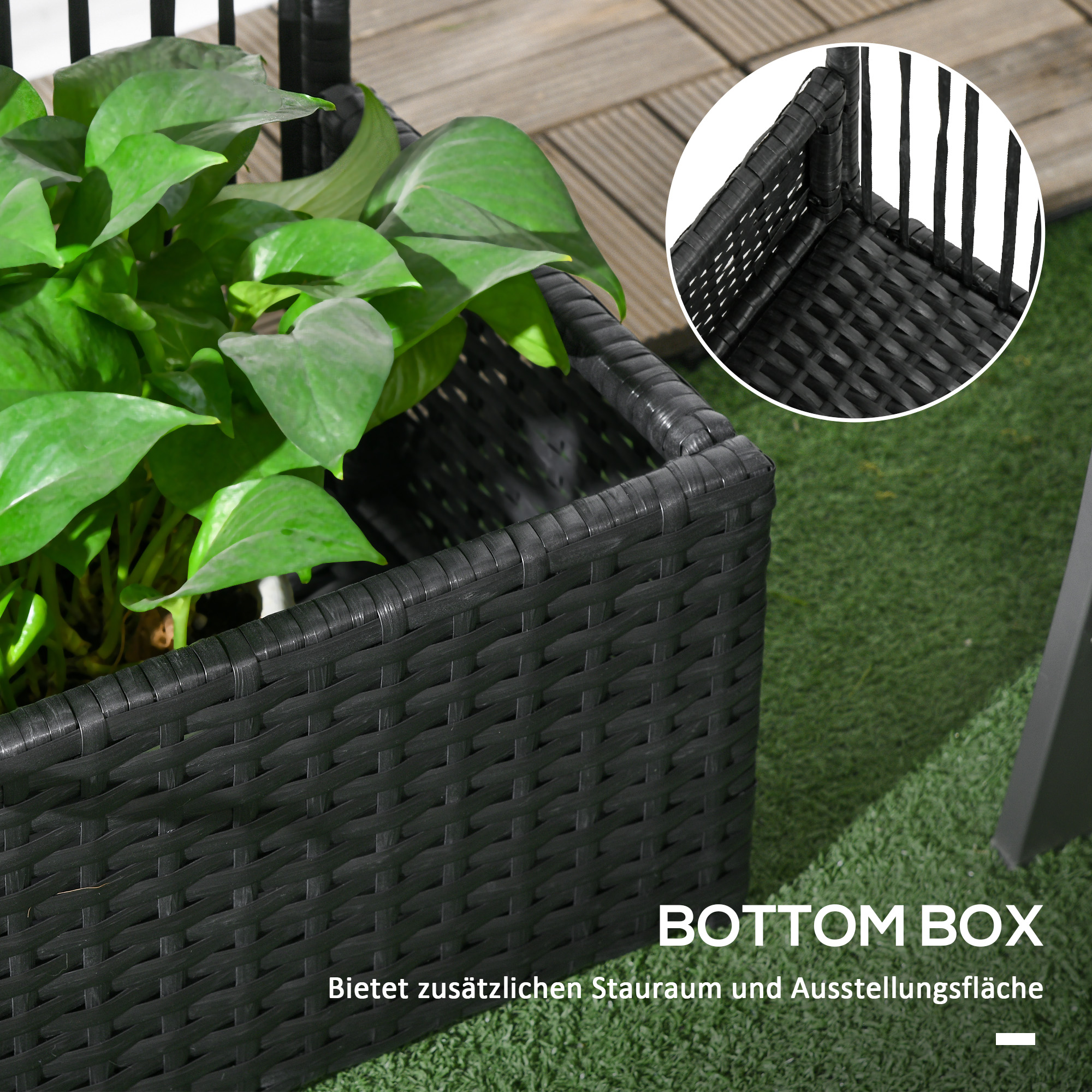 Blumenkasten mit Spalier, wetterfest, Polyrattan, 103 x 103 x 29 cm, Schwarz