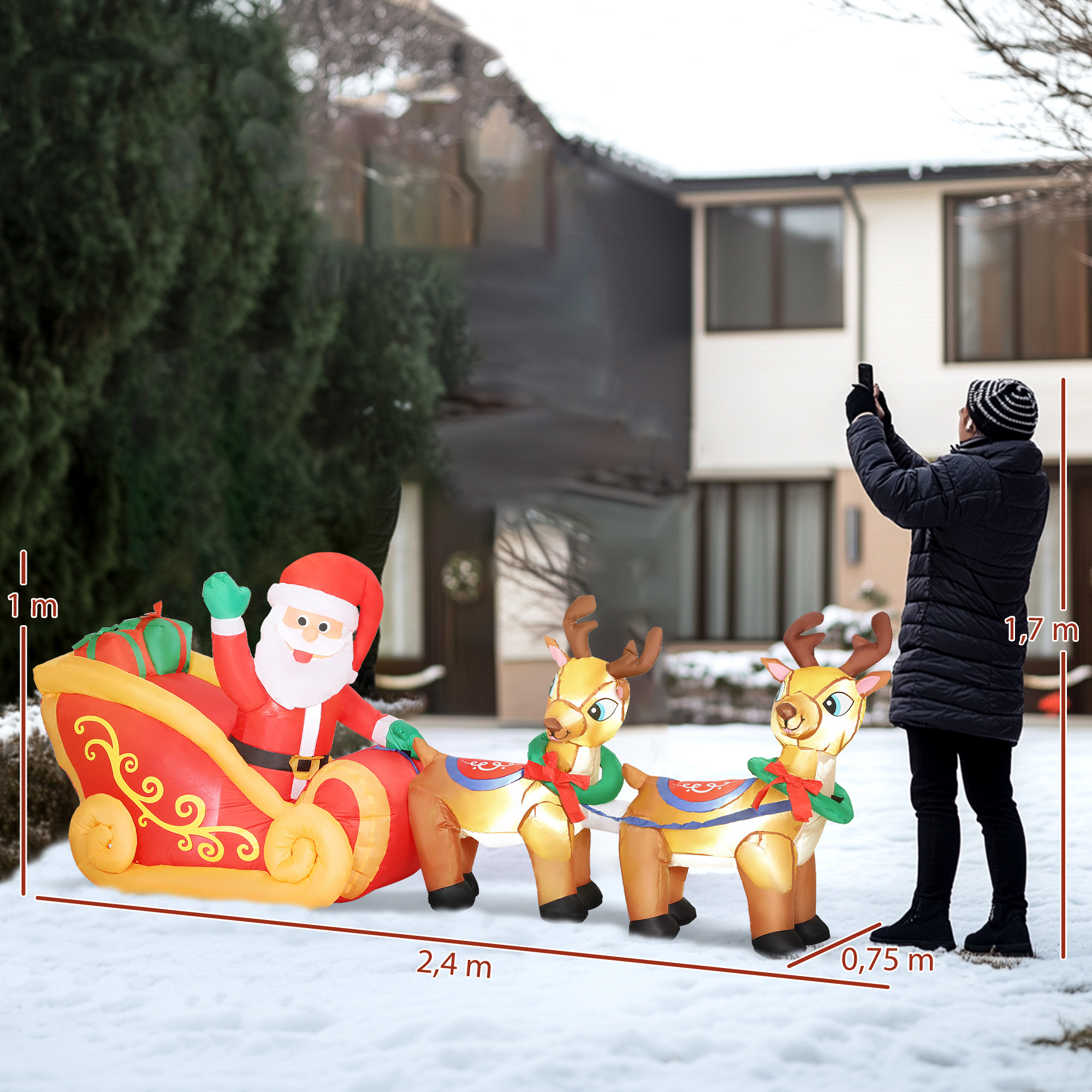 Aufblasbare Weihnachtsdekoration, Weihnachtsmann im Rentierschlitten, Polyester