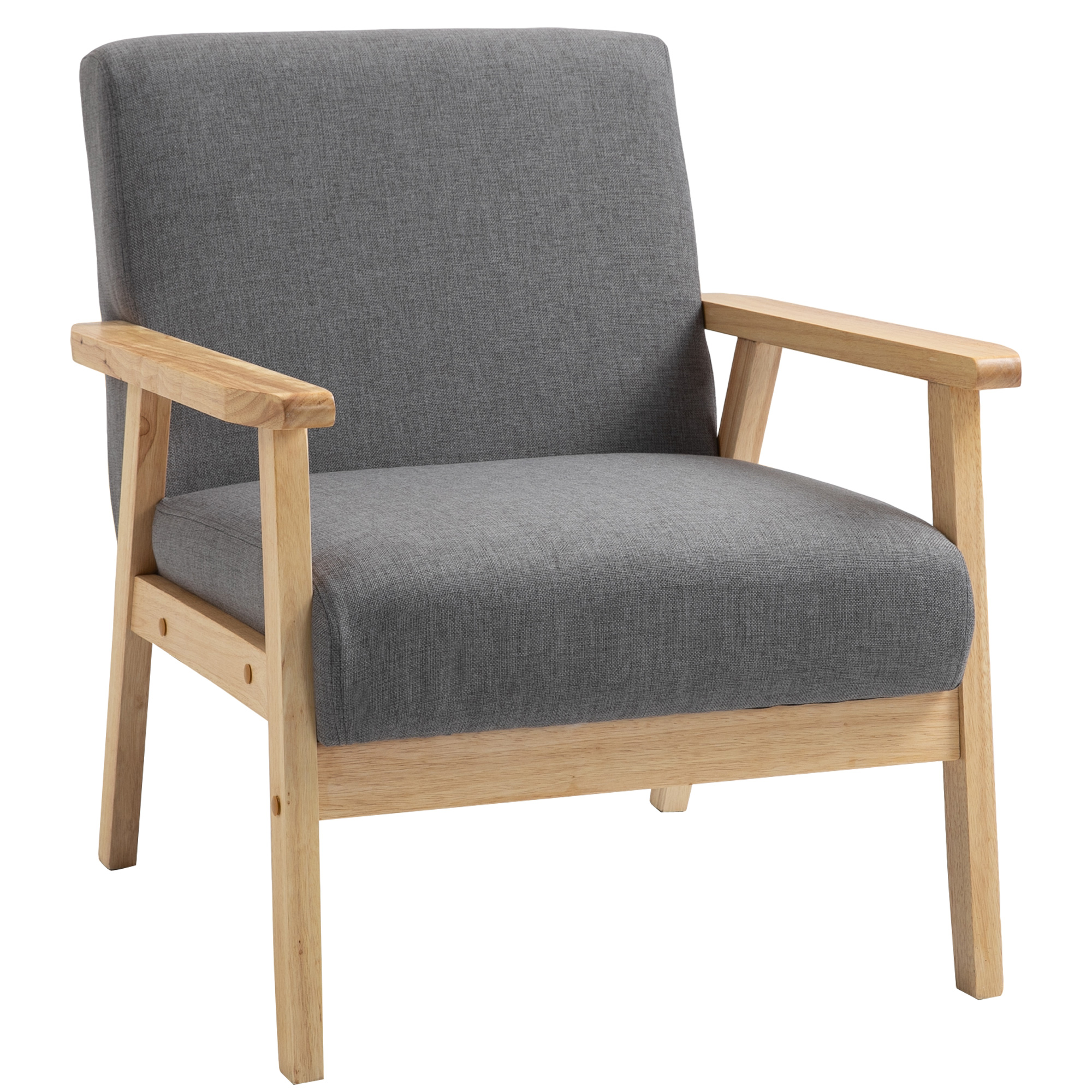 Sessel im Skandi-Design, Akzentsessel, Massivholz, Leinenoptik, 64 cm x 70 cm x 72 cm, Grau + Natur