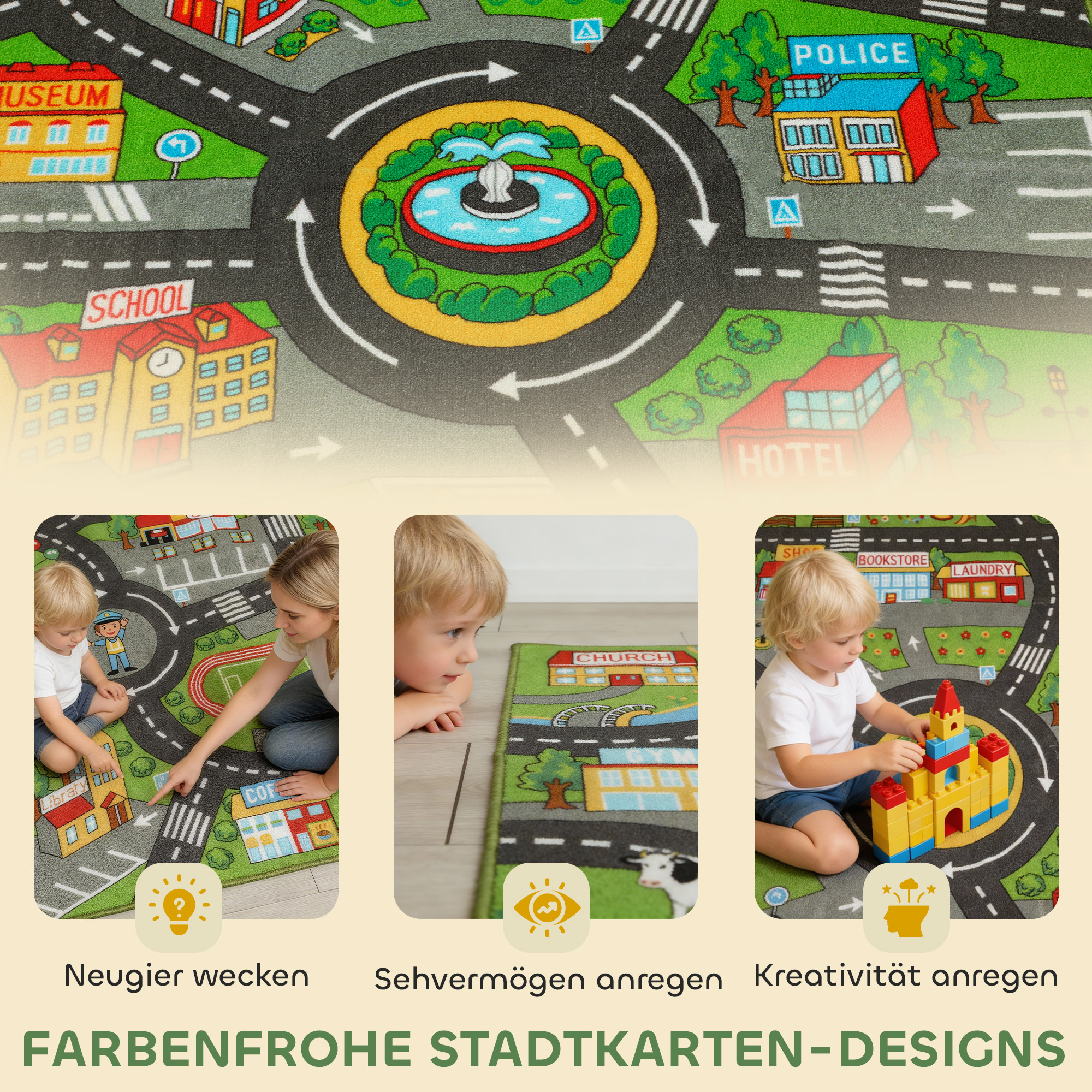 Krabbelmatte Baby, Spielmatte 160x100x0,5cm, Krabbeldecke mit Rutschfester Unterseite Stadtmotiv für Kinderzimmer