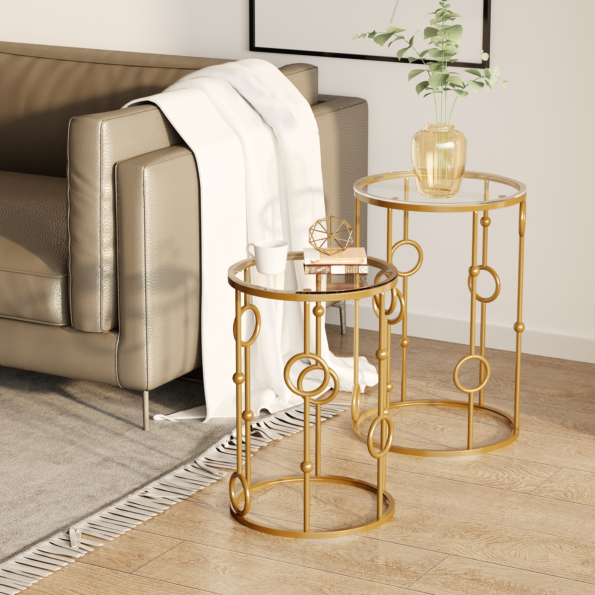 2er-Set Couchtisch, Beistelltisch mit Glasplatte, Wohnzimmertisch mit Reifen- und Kugeldesign Ø41 x 57 cm, Gold
