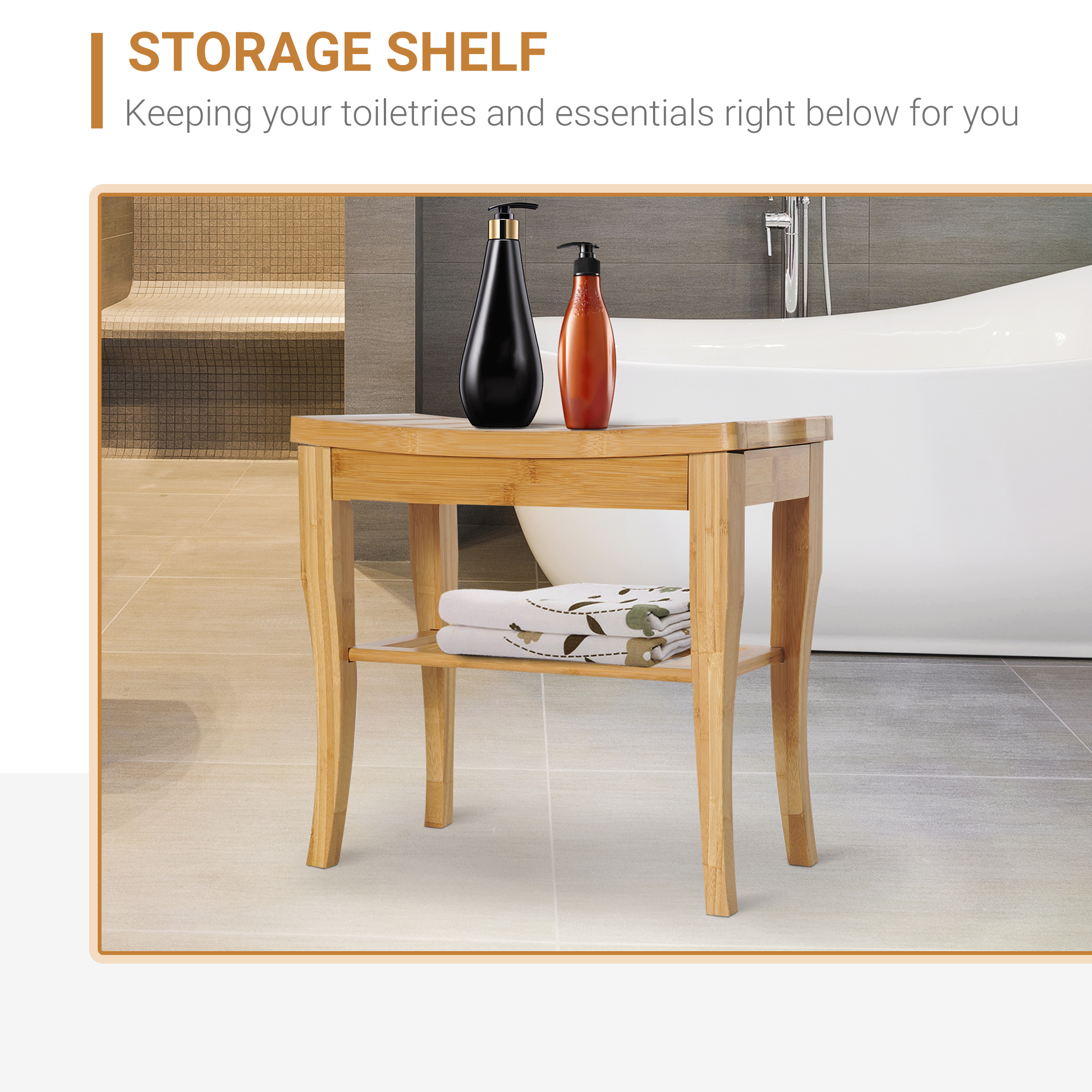 Duschhocker Badhocker mit Ablage Duschsitz Duschstuhl Badstuhl Badregal Bambus 47,5 x 26 x 44,5 cm Natur