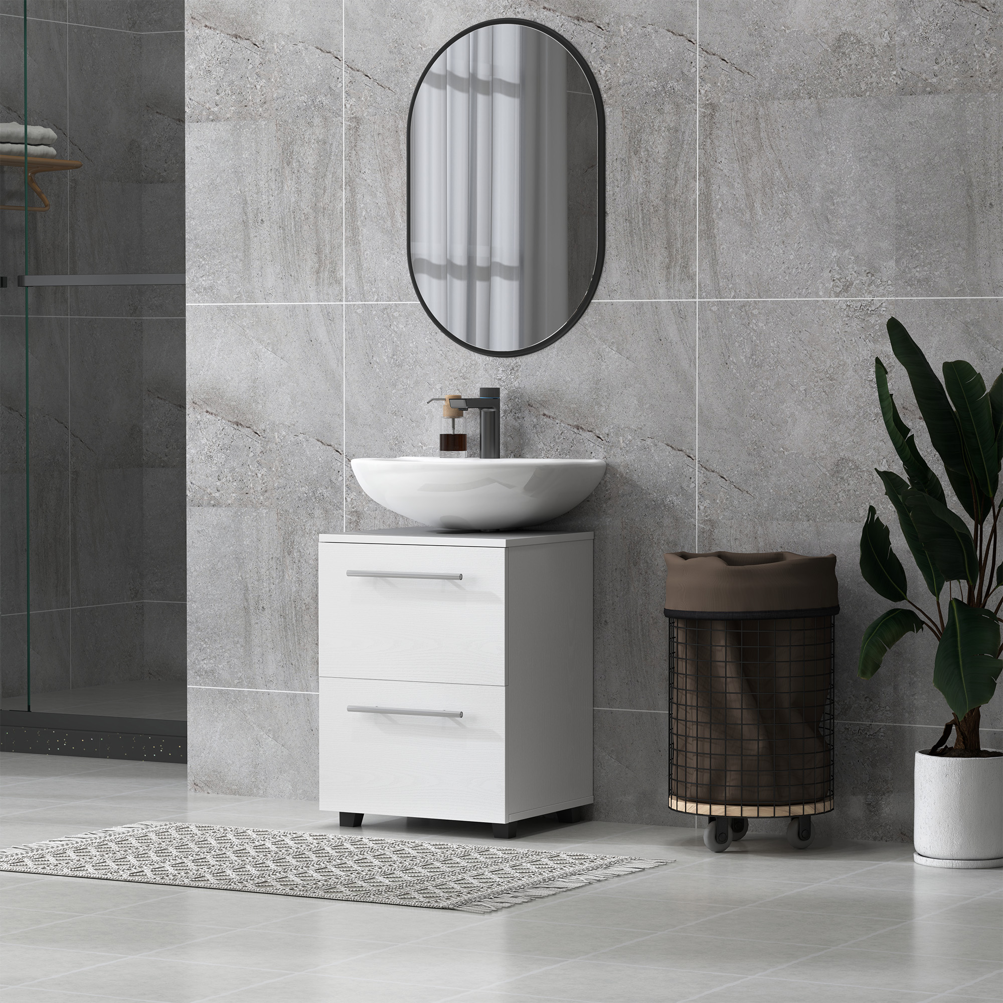 Badezimmerschrank, Waschbecken-Kommode mit Schublade, kompakt, Spanplatte, Weiß