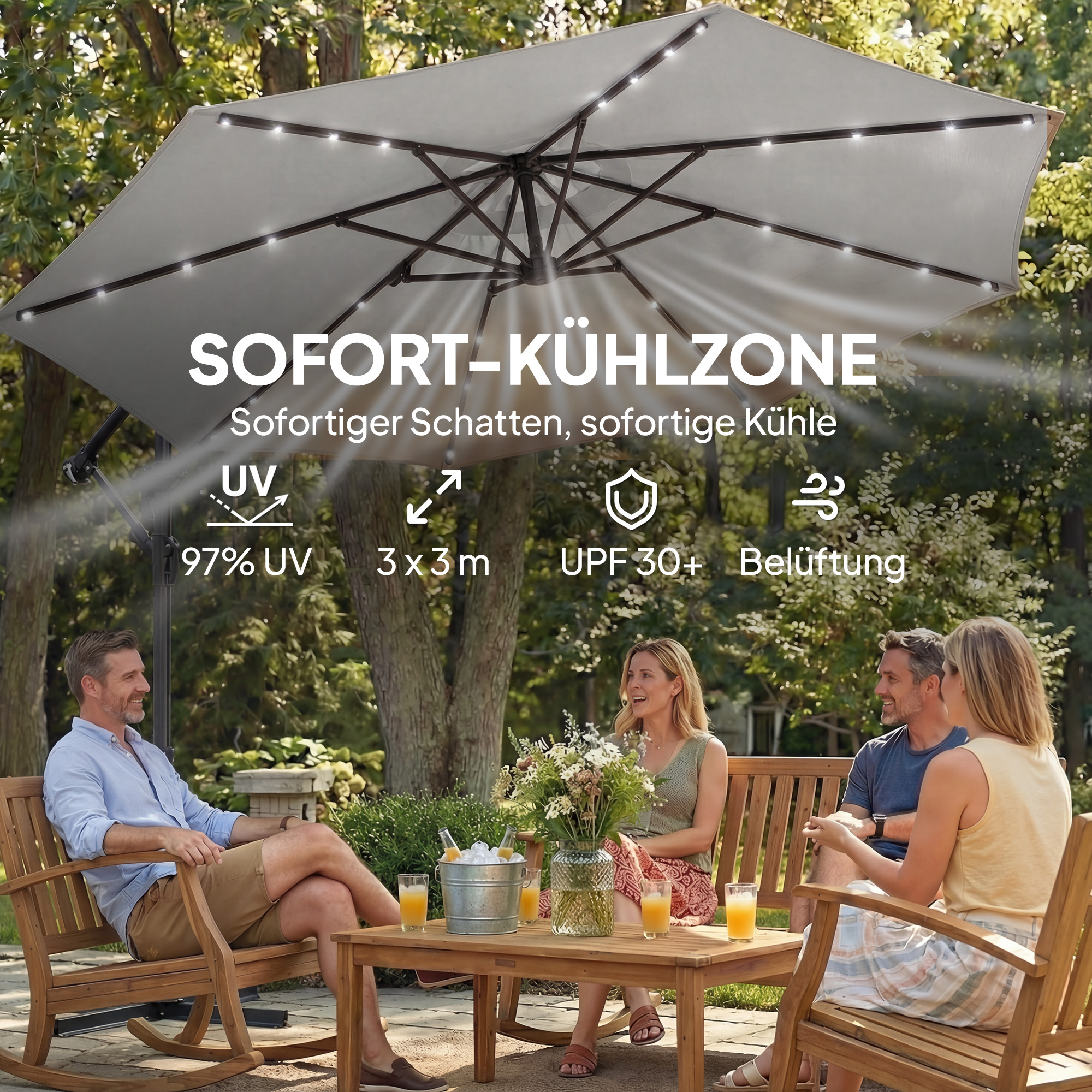Ampelschirm LED Solar ca. Ø300 cm Drehbar Sonnenschirm mit Kurbel Ständer Schutzhülle Hellgrau
