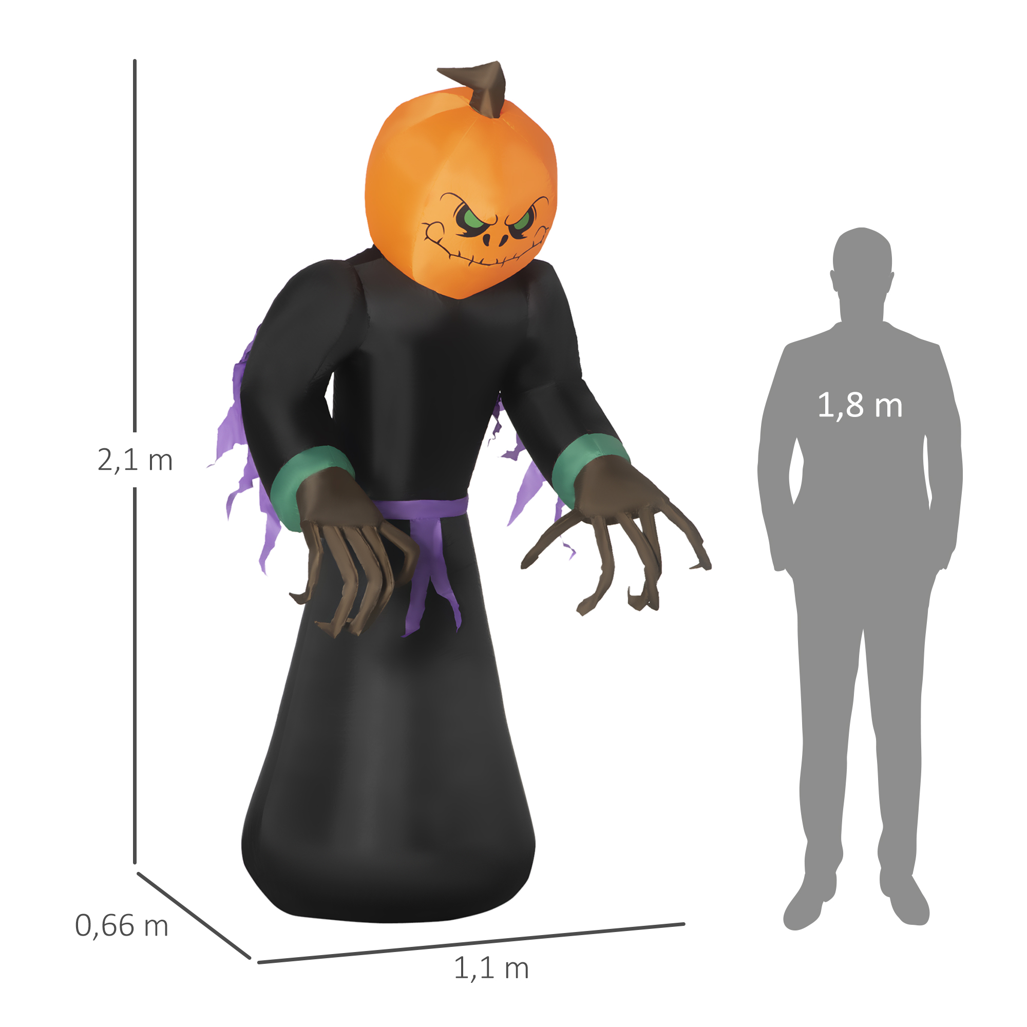210 cm, aufblasbar, Kürbisgeist, Halloween Horror Deko mit LED Beleuchtung, Halloween-Dekoration, Wasserdichte Luftfigur, Polyester, für Indoor, Outdoor