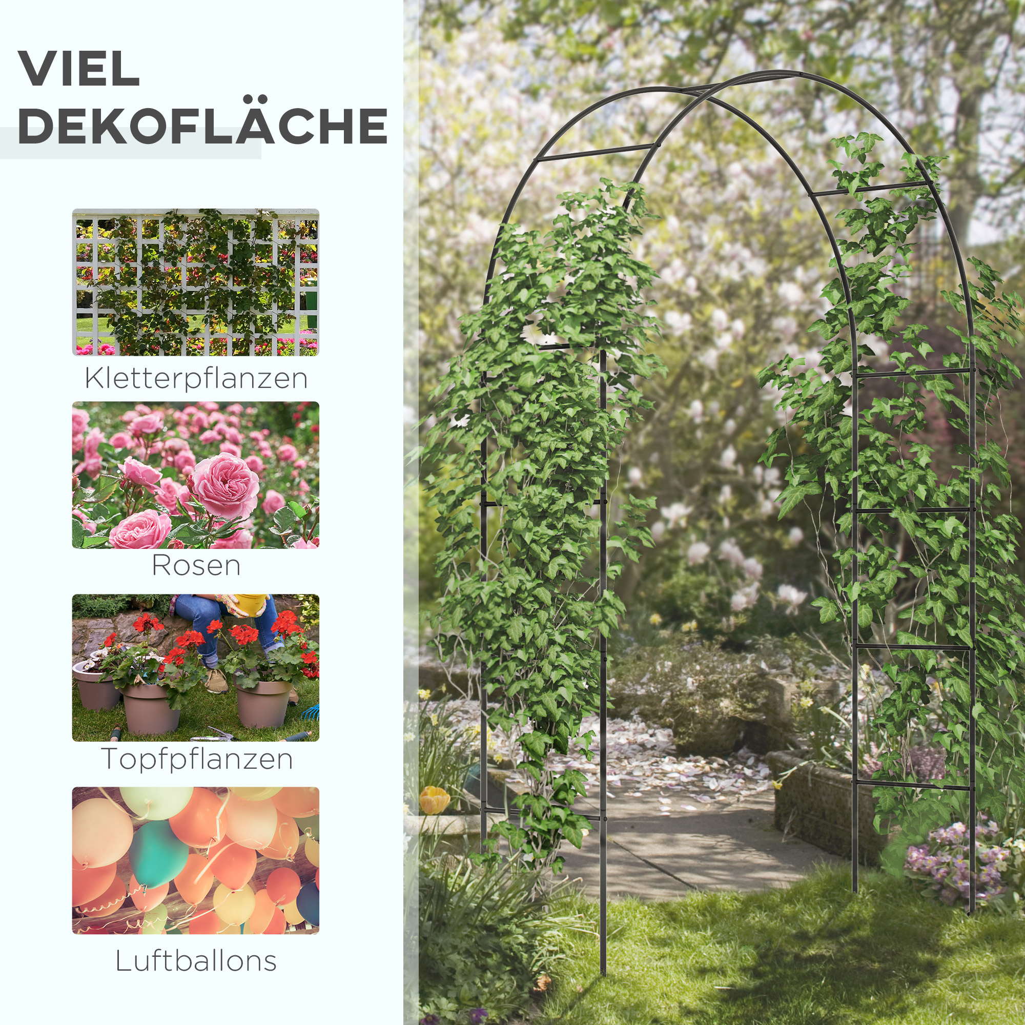 Gartenbogen, Rosenbogen, Rankbogen, Rosenspalier Metall, schwarz, 1,40 x 0,40 x 2,40 m