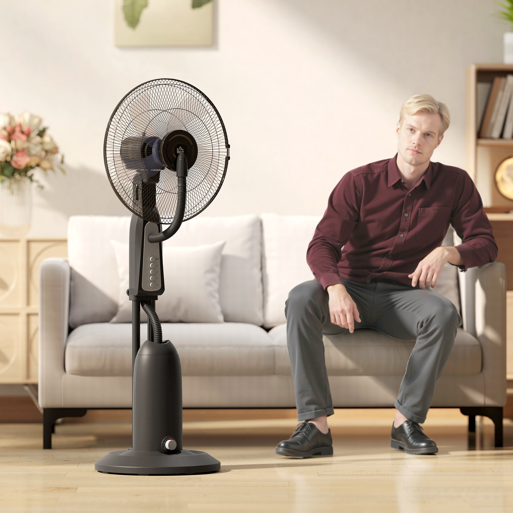 Ventilator mit Sprühnebelfunktion, 3 Liter-Tank, 75 Grad drehbar, 3 Geschwindigkeiten, rollbar, 125 cm, Schwarz
