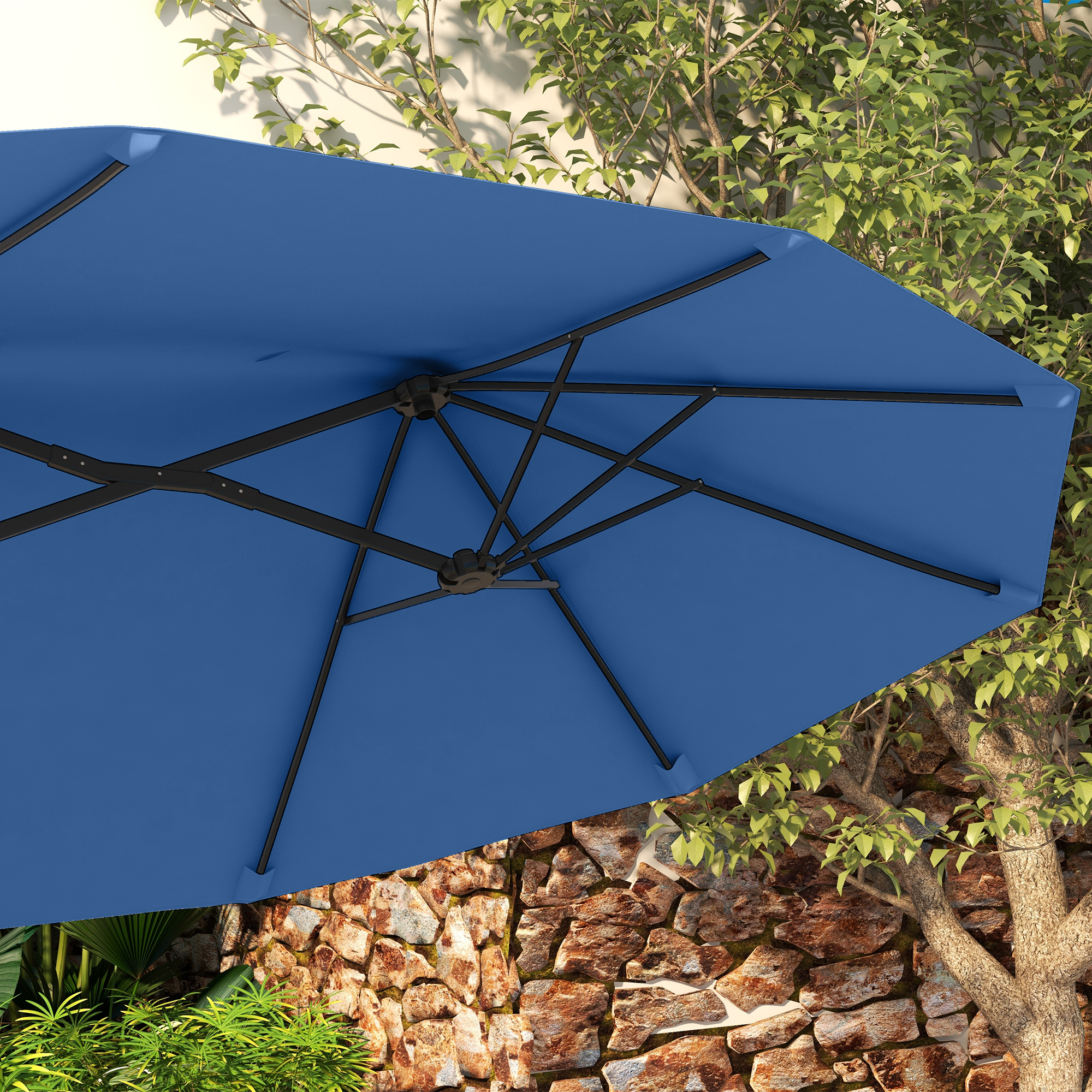 Sonnenschirm, Gartenschirm, neigbar, mit Handkurbel, Winddach, Polyester+Stahl, Marineblau, 285 x 147 cm