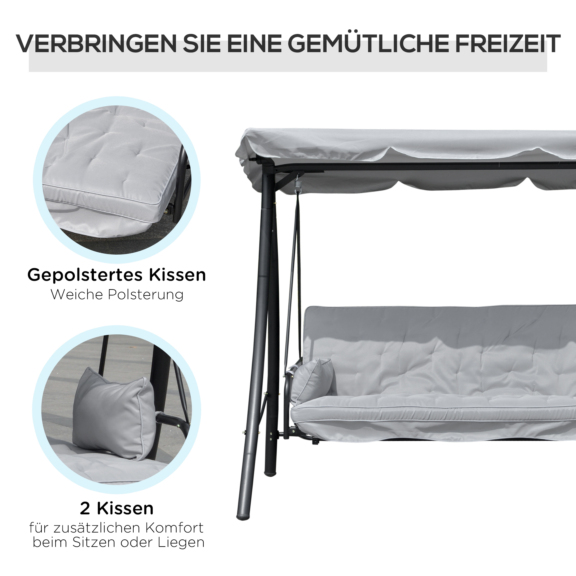 Hollywoodschaukel mit Lesefunktion, Gartenschaukel mit Baldachin, Outdoormöbel, Grau