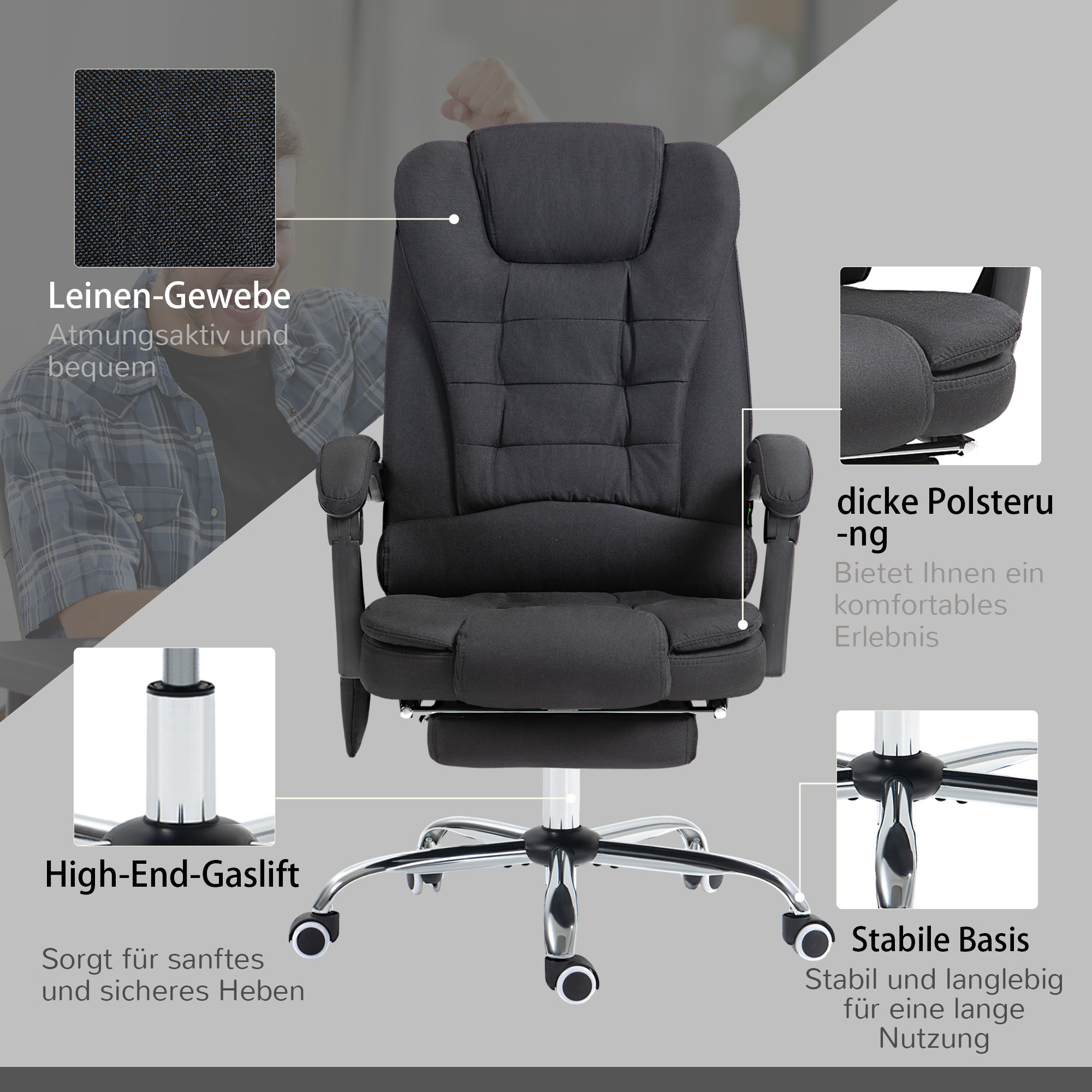 Bürostuhl mit Massagefunktion, Ergonomischer Schreibtischstuhl mit Liege- & Wärmefunktion, höhenverstellbar, Schwarz