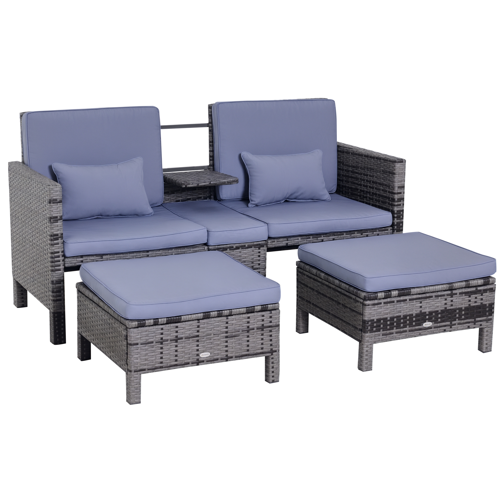Gartengarnitur, Sitzgruppe, 3-tlg,, Outdoor-Sofa, 2 Hocker, 2-5 Personen, Sitzkissen, Rattanoptik, grau