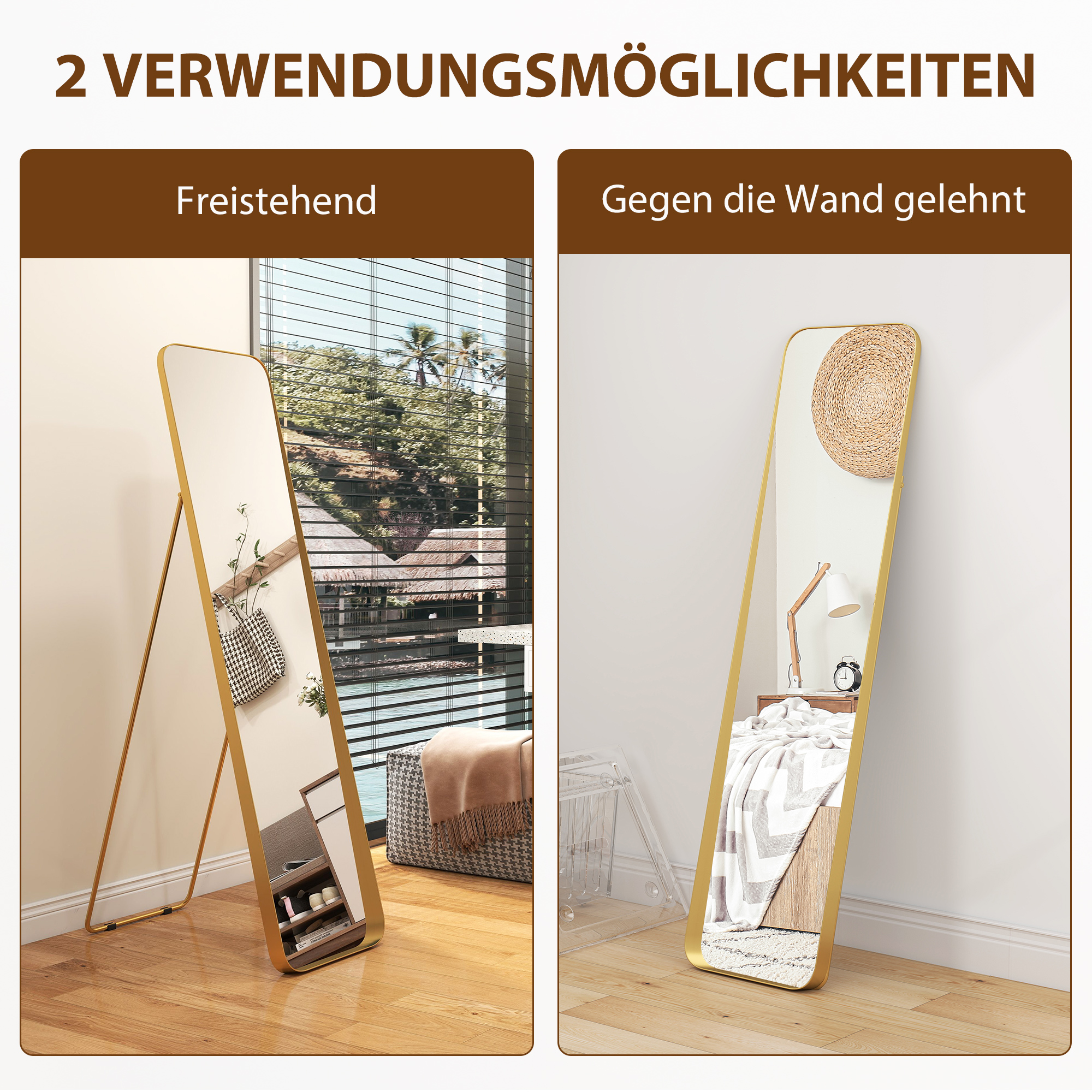 Ganzkörperspiegel, freistehend, neigbar, Metallrahmen, MDF, 160 x 40 cm, Goldfarben
