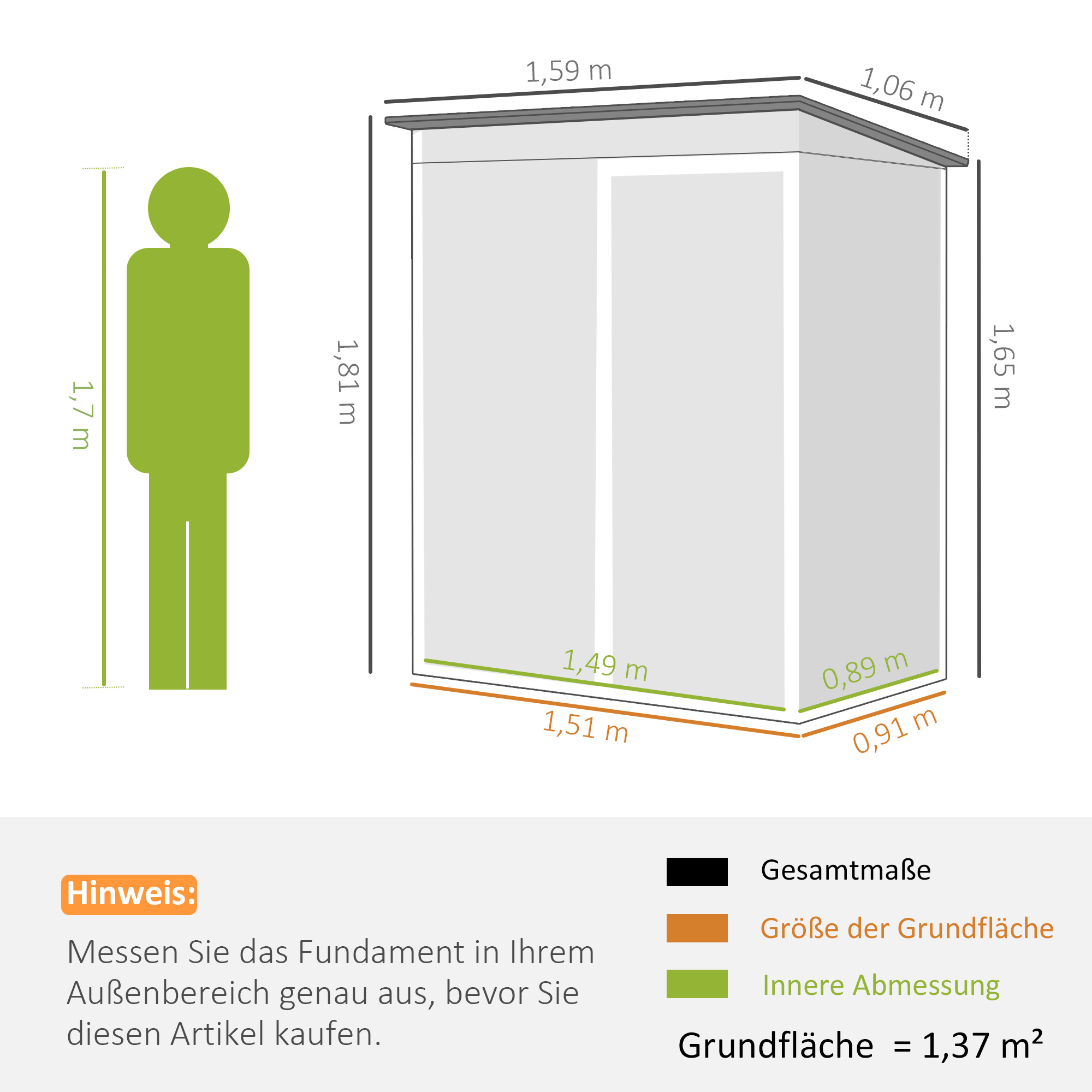 Metall Gerätehaus 1,37 m², Geräteschuppen mit müheloser Montage Pultdach Schiebetür Lüftungen Handschuhen