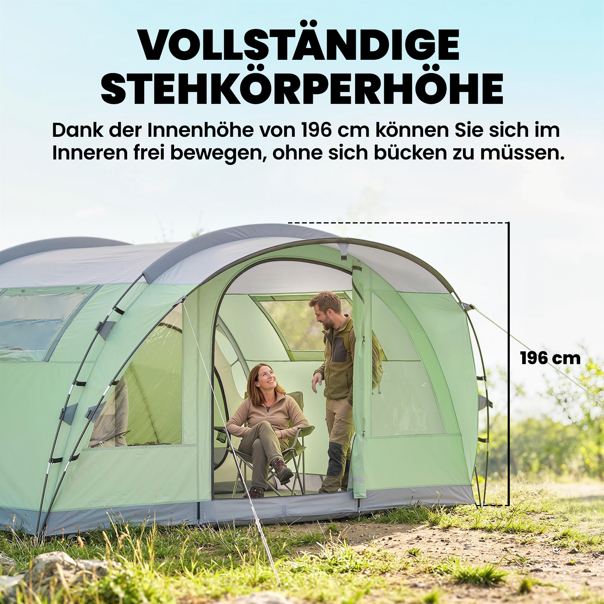 Tunnelzelt 4 Personen Familienzelt mit 2 Schlafkabine Vorzelt 4 Fenstern Bodenplane Stehhöhe 3000 mm Wassersäule