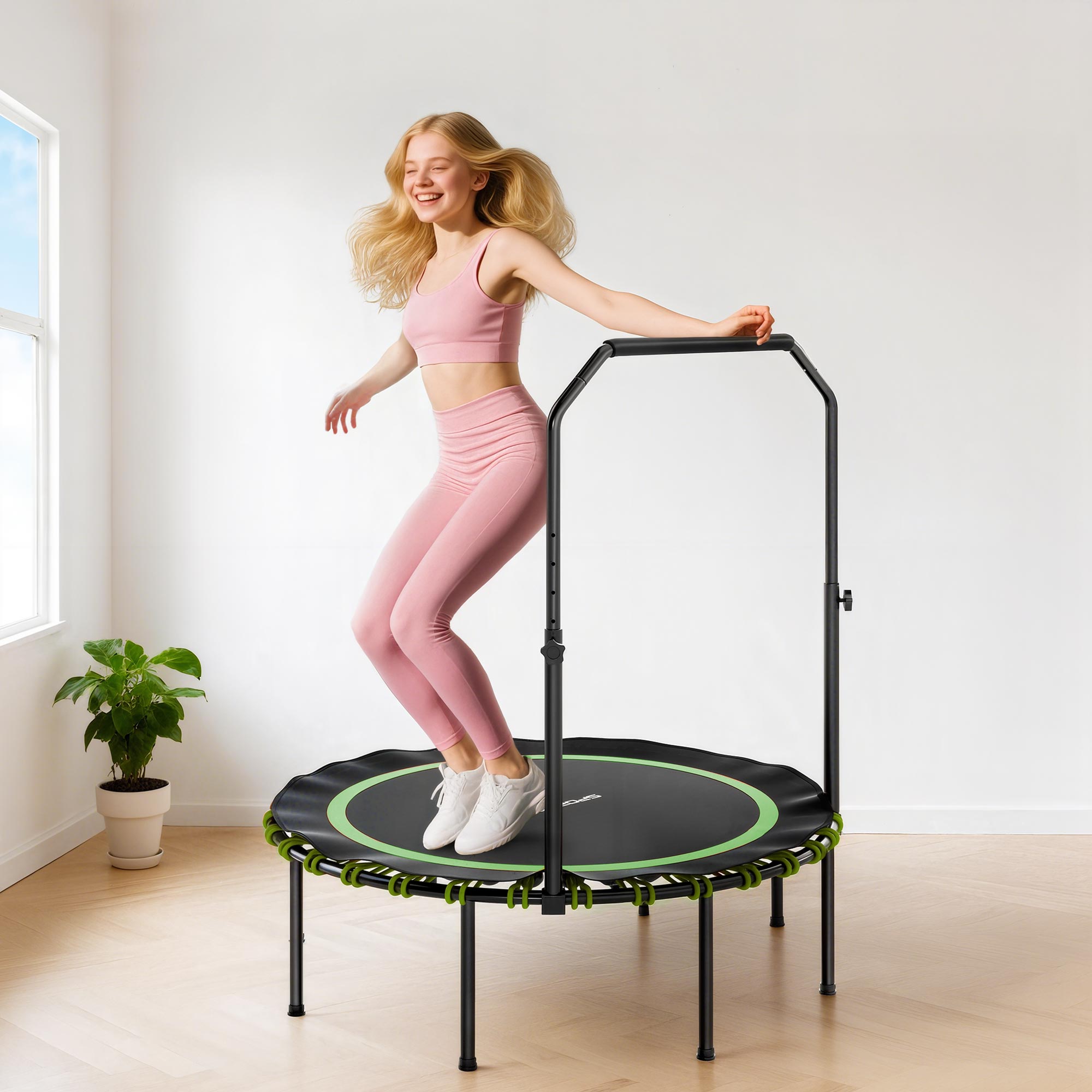 Fitness-Trampolin mit verstellbarem Handlauf, Sport-Trampolin für drinnen und draußen, Stahl, Kunststoff, Grün