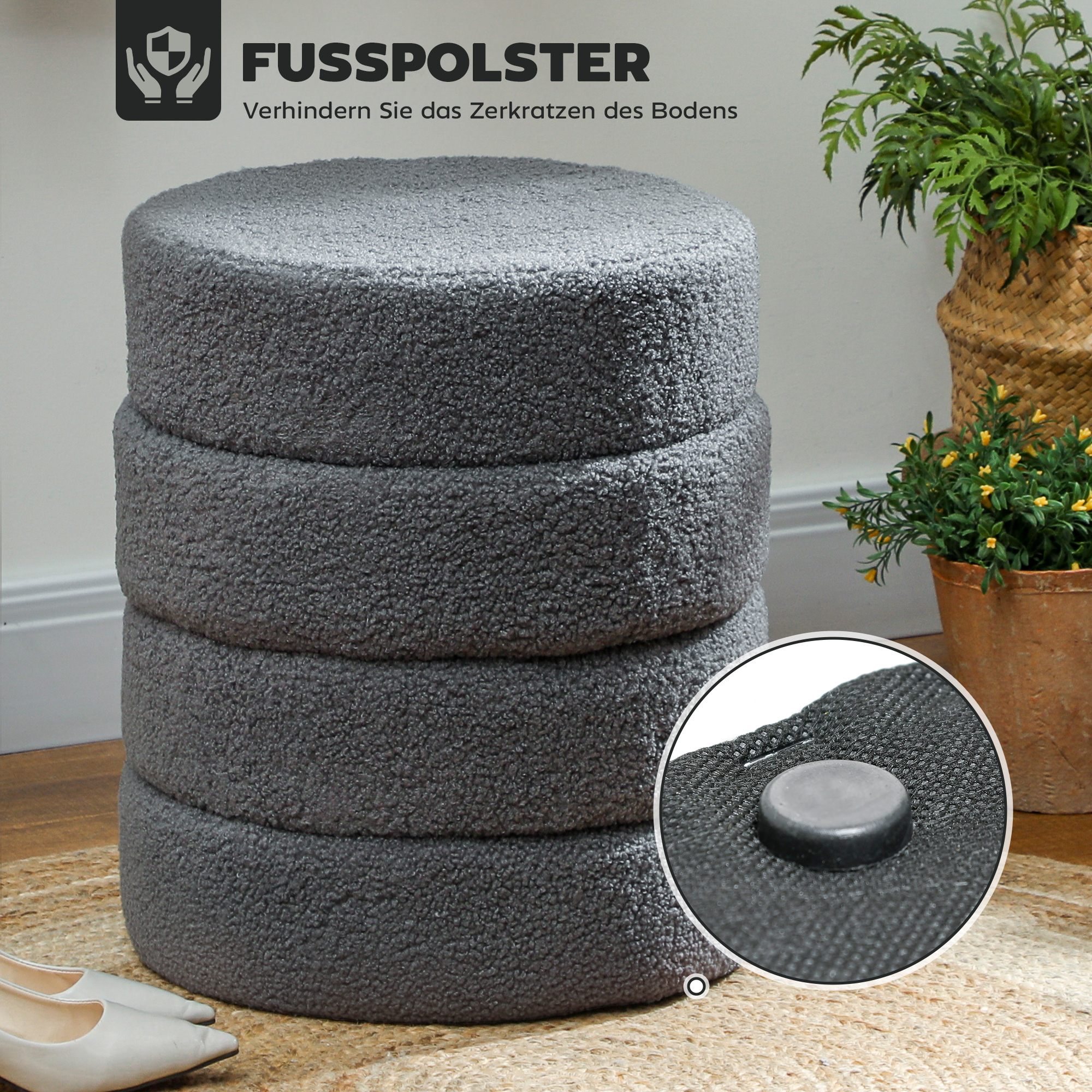 Hocker, rund, Teddyfleece, bis 120kg, ?40x45H cm, Dunkelgrau