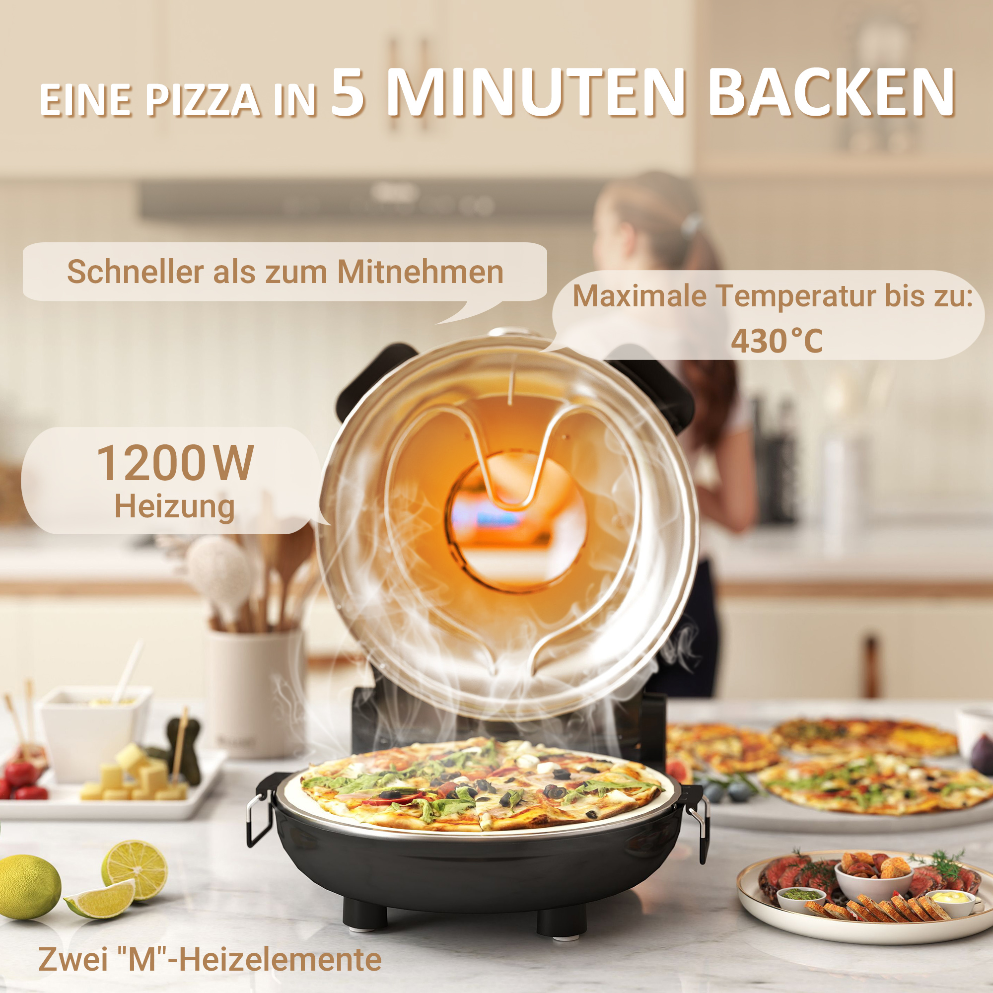 Pizzaofen elektrisch 430 ?, 1200 Watt Pizzabäcker mit 30cm Steinplatte Timer Sichtfenster Edelstahl Schwarz