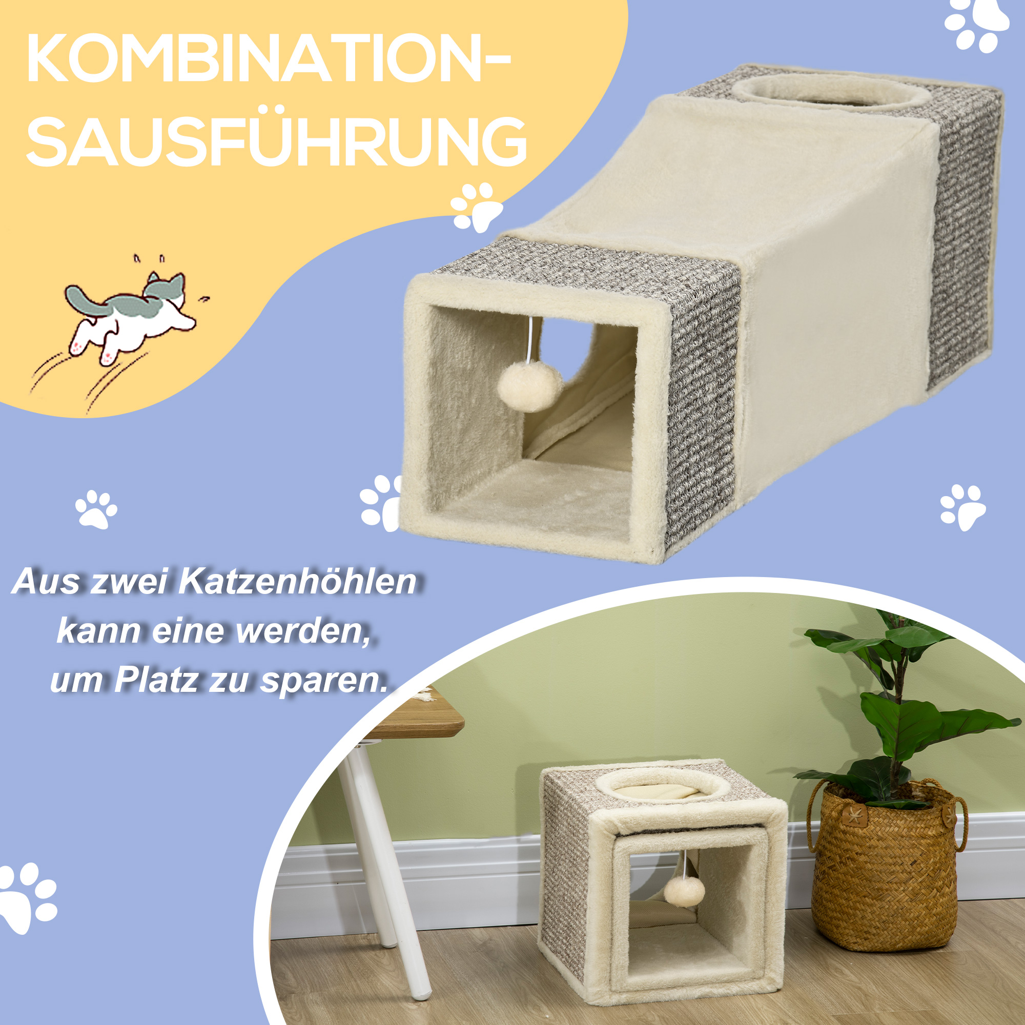 Katzentunnel, 2 Katzenhöhlen, Kratzflächen und Ballspielzeug, 98 cm x 30 cm x 30 cm, Braun + Beige