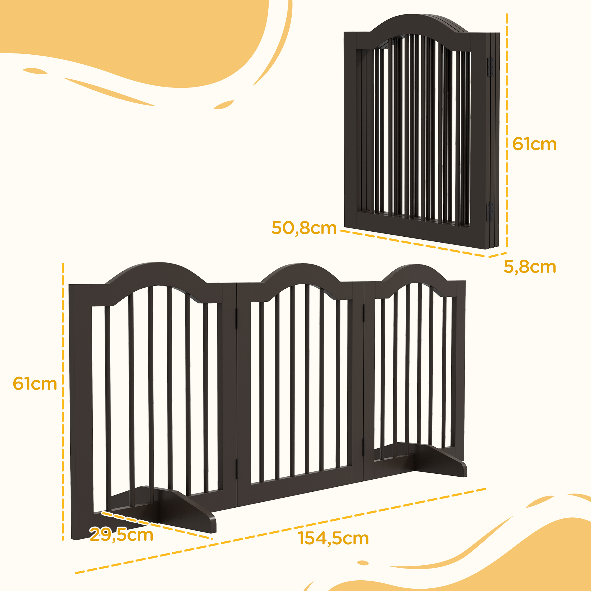 Hunde-Absperrgitter, 3 Paneele, klappbar, Massivholz und MDF, 154,5 x 29,5 x 61 cm, Kaffee