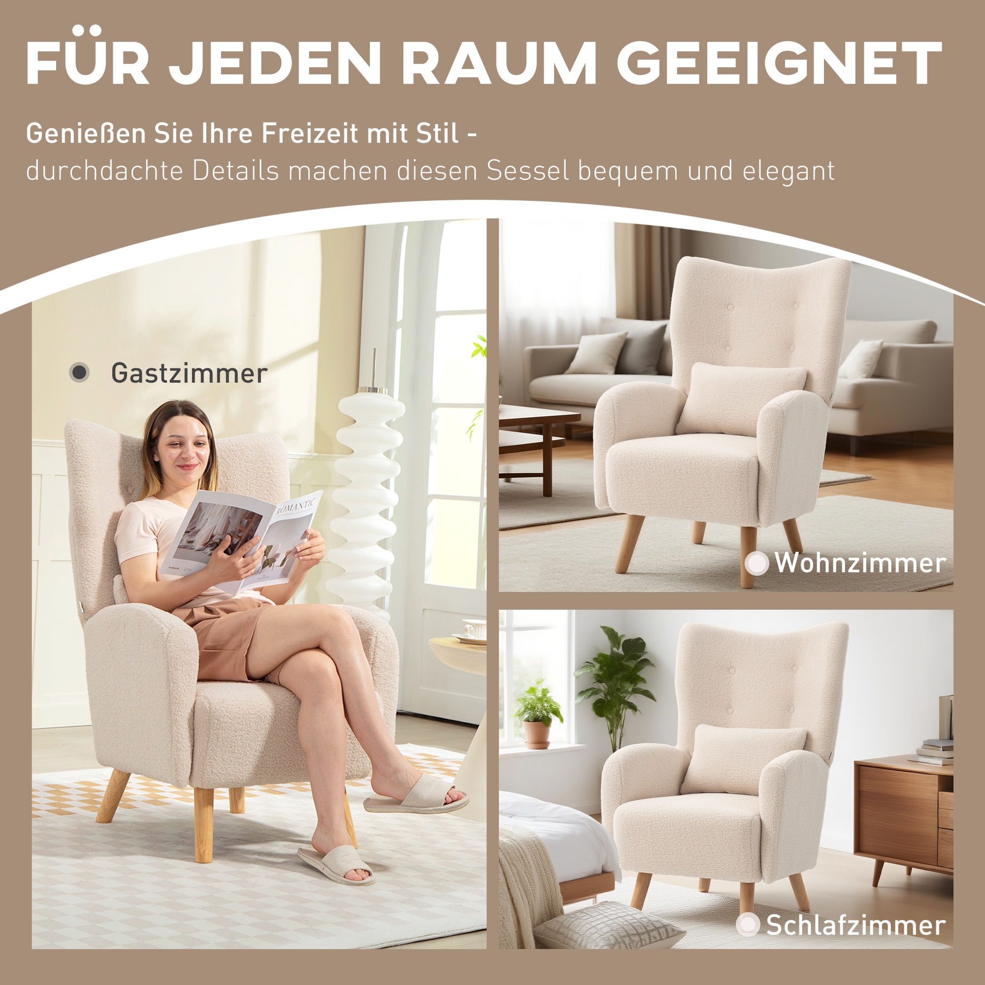 Akzentstuhl, Polstersessel mit Plüschbezug, Schaumstoffkissen, Ohrensessel, Beige