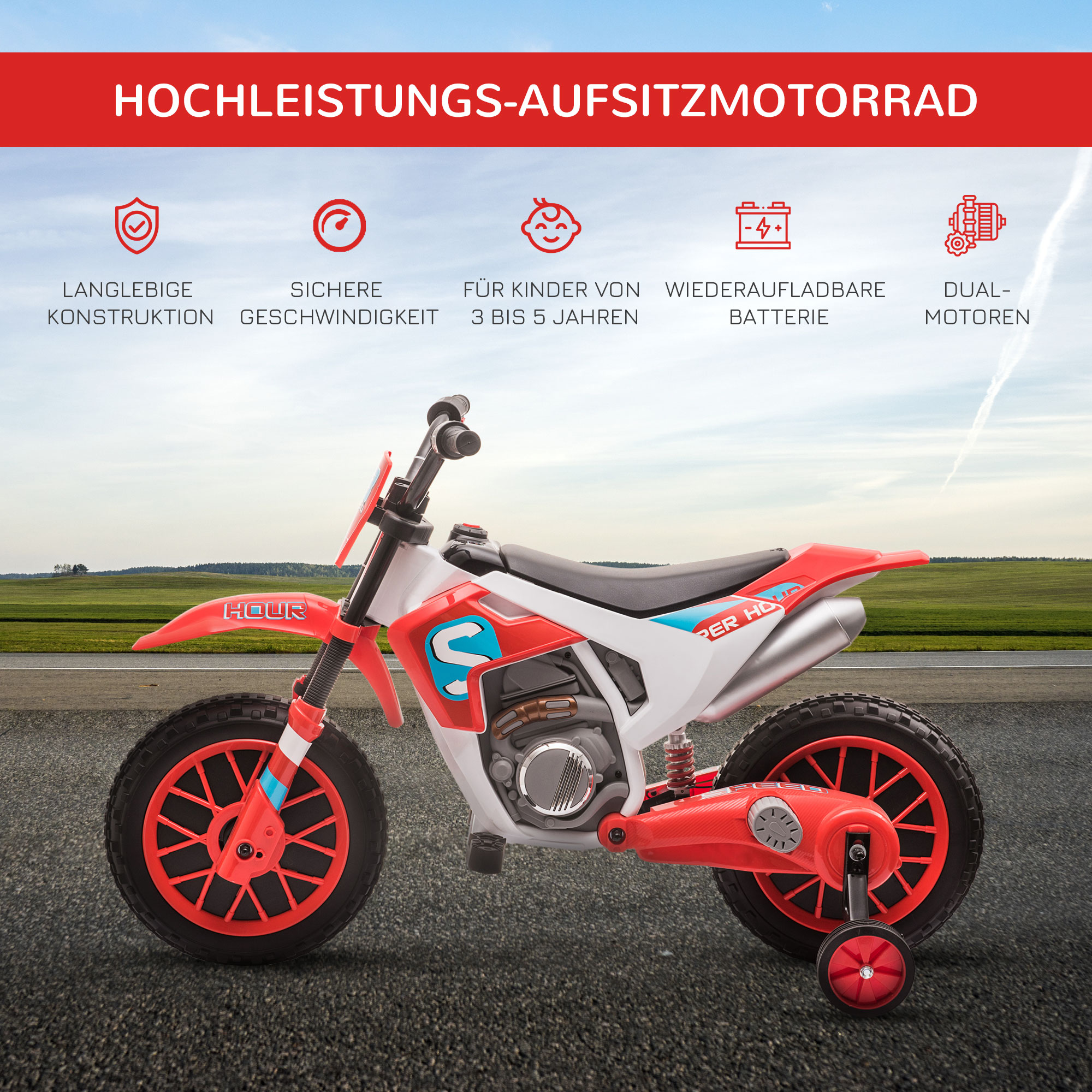 Kindermotorrad, Elektromotorrad, 45 Min Fahrzeit, mit Stützrädern, ab 3 Jahren, rot+weiß, 106,5 x 51,5 x 68cm