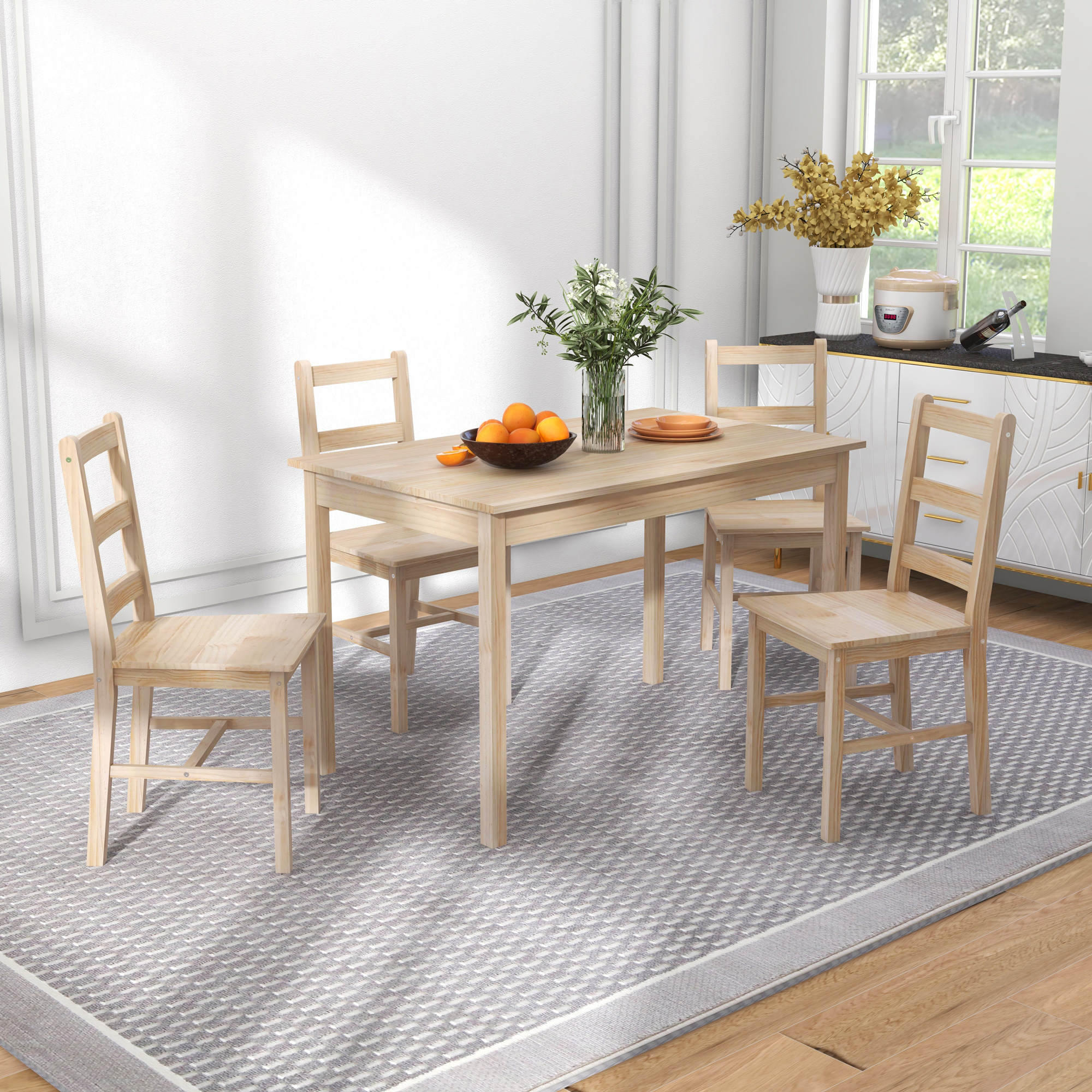 5-teilige Essgruppe Esstisch mit Stühlen Sitzgruppe, Massivholz, 118 cm x 73 cm x 75 cm, Natur