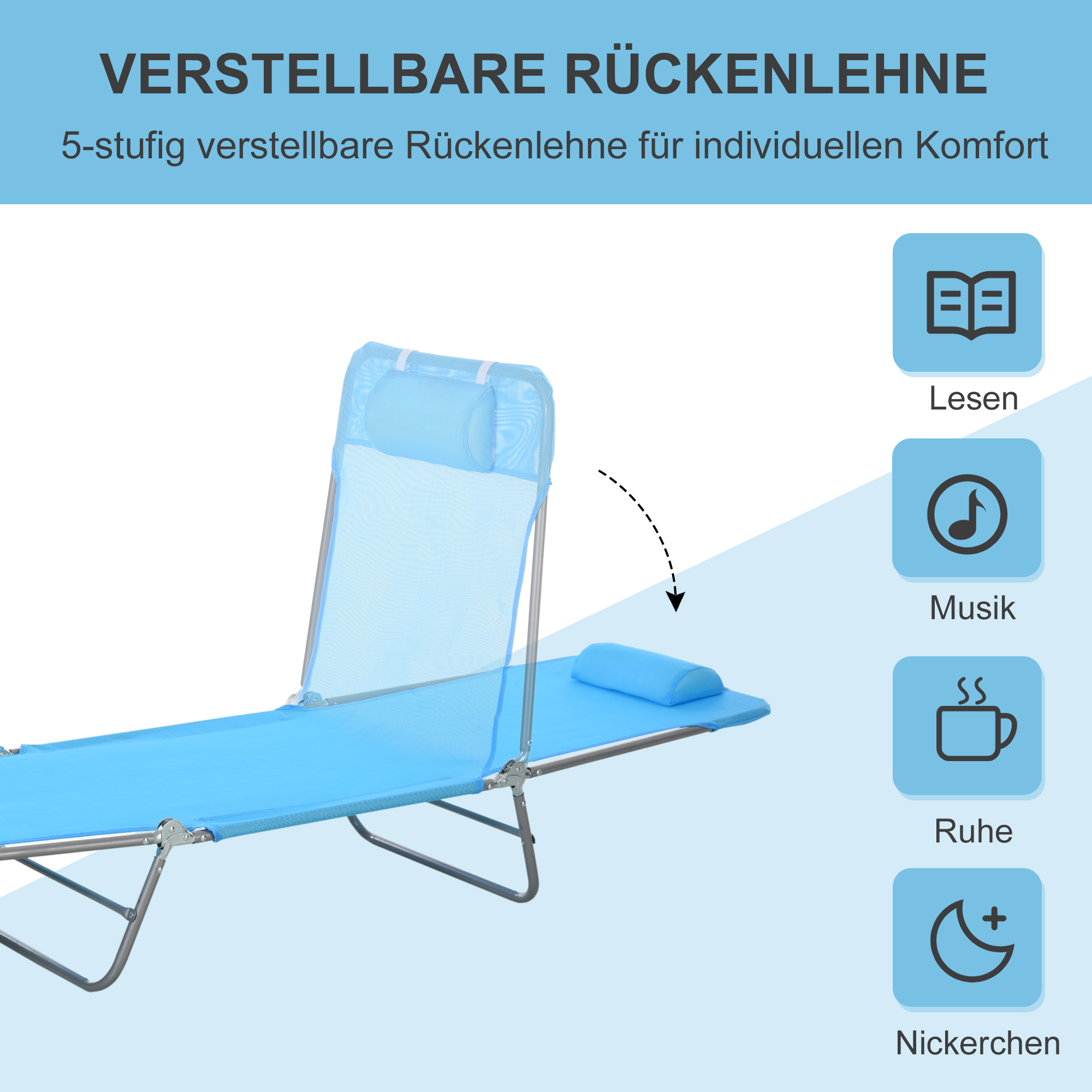 Sonnenliege klappbar Gartenliege mit Kopfkissen, 5-Fach verstellbare Rückenlehne bis 120 kg Blau