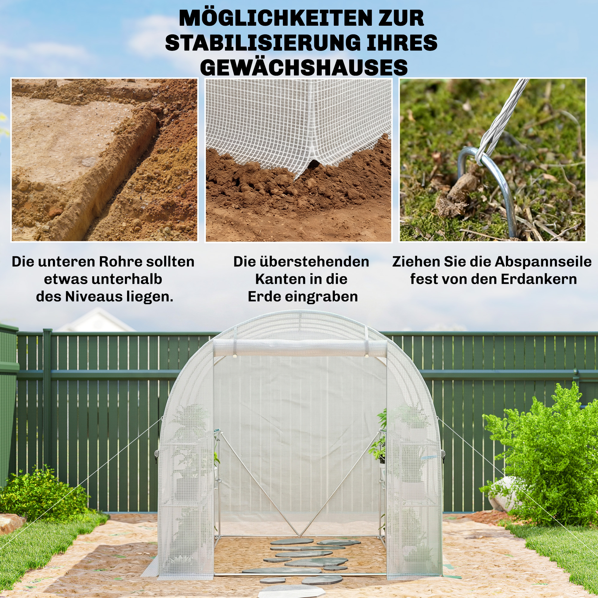 Gewächshaus ca. 2,7 x 2 x 2 m Foliengewächshaus mit Regalen Rollbar Reißverschlusstür 6 Netzfenster Stützstangen