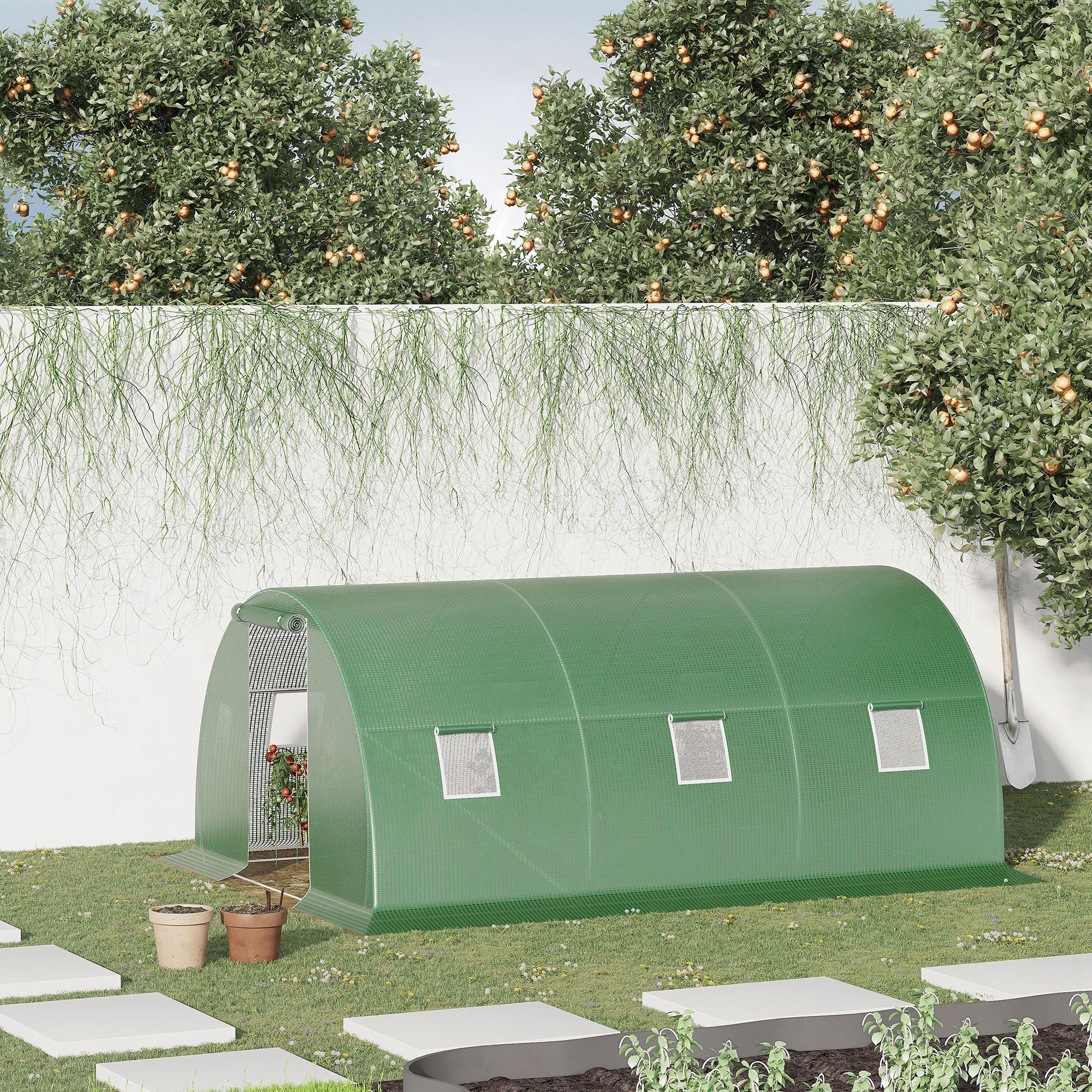 Foliengewächshaus begehbares Polytunnel 4,5 x 3 m Gewächshaus mit 6 Fenster Treibhaus Frostschutz Stahlrohr Dunkelgrün