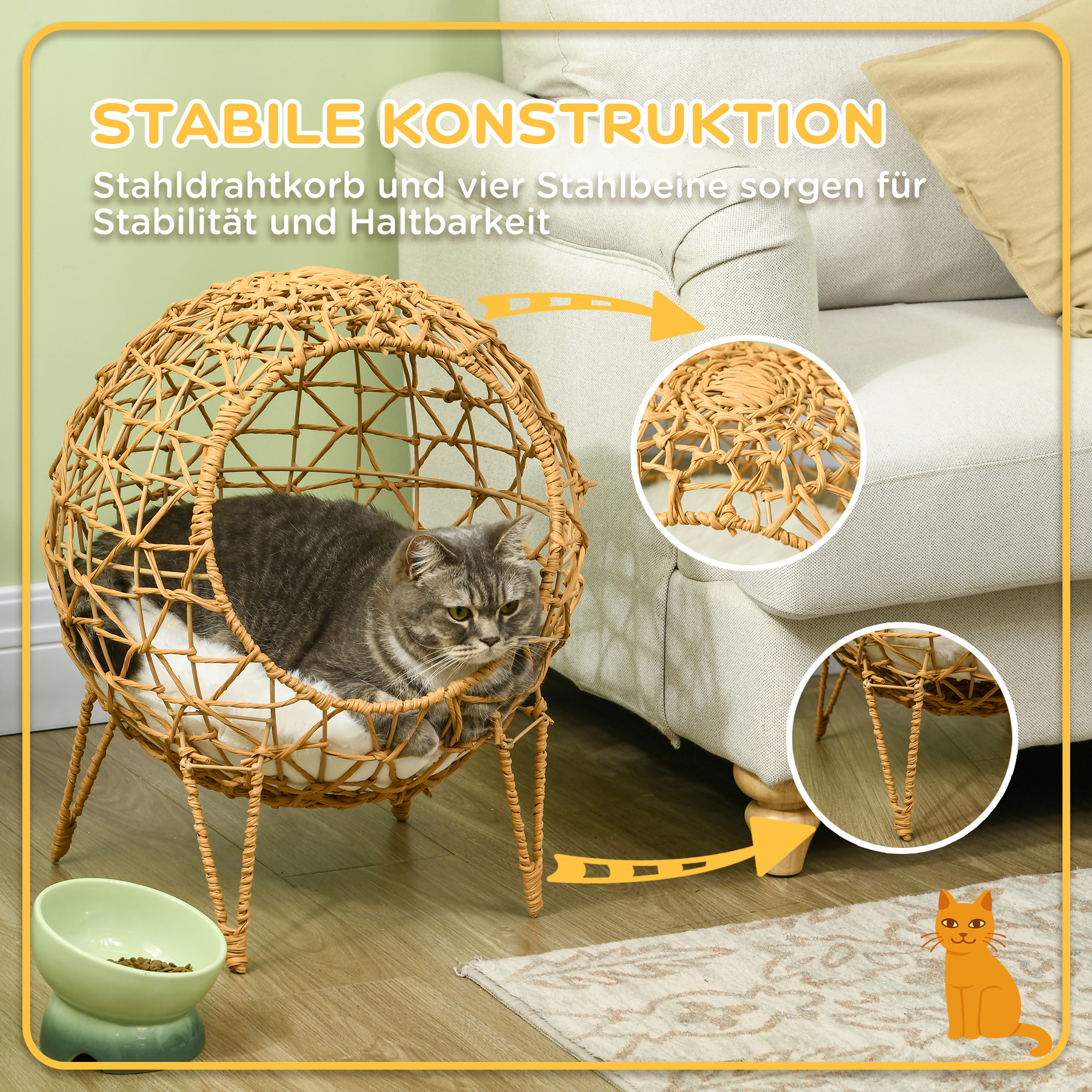 Rattan Katzenkorb Katzenhöhle Katzenhütte Katzenbett mit Kissen erhöhtes Design Haustierbett Braun Ø45 x 57H cm