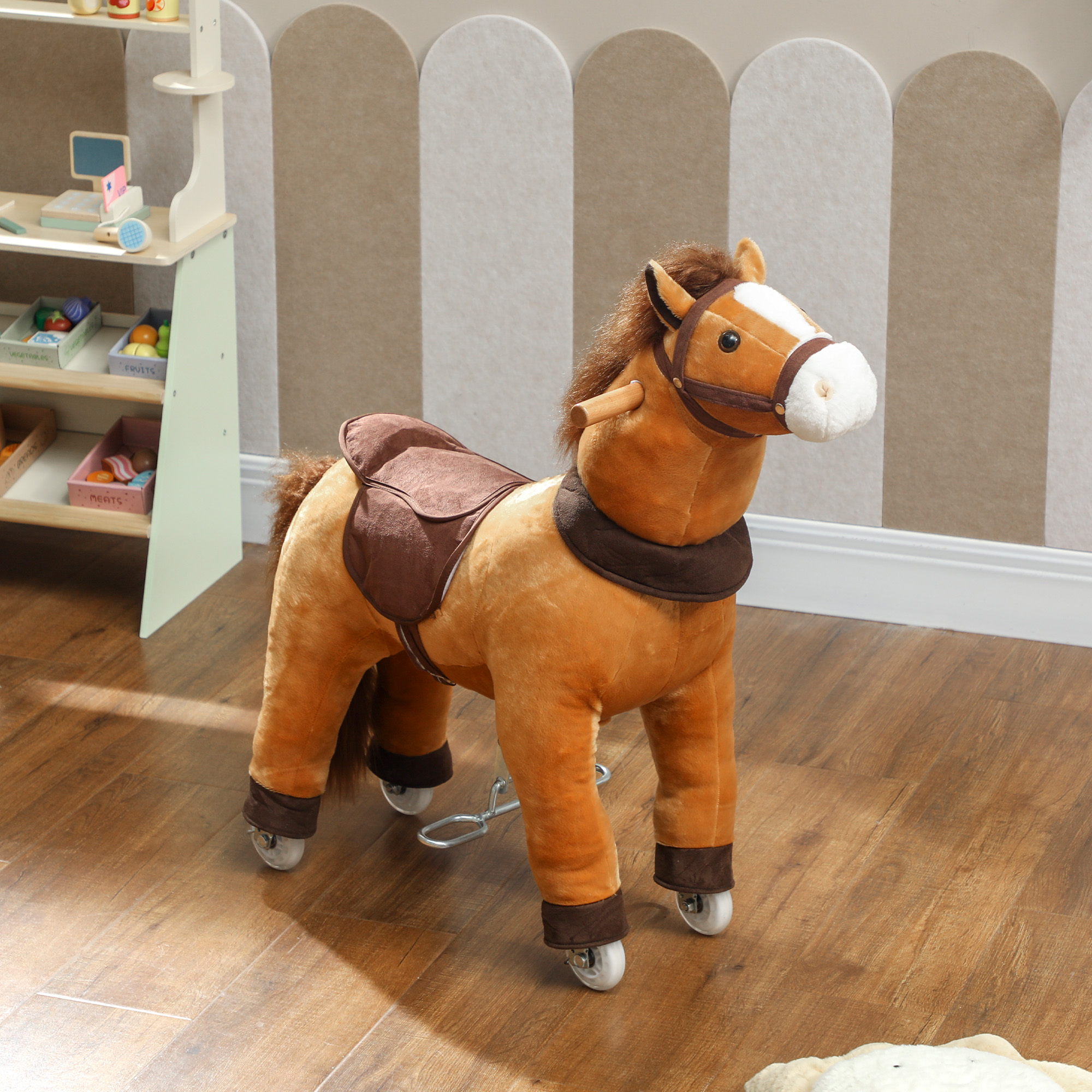 Reitpferd für Kinder, Stoffbezug, stabiler Rahmen, sanfte Räder, Schaukelpferd, 3-5 Jahre, Dunkelbraun