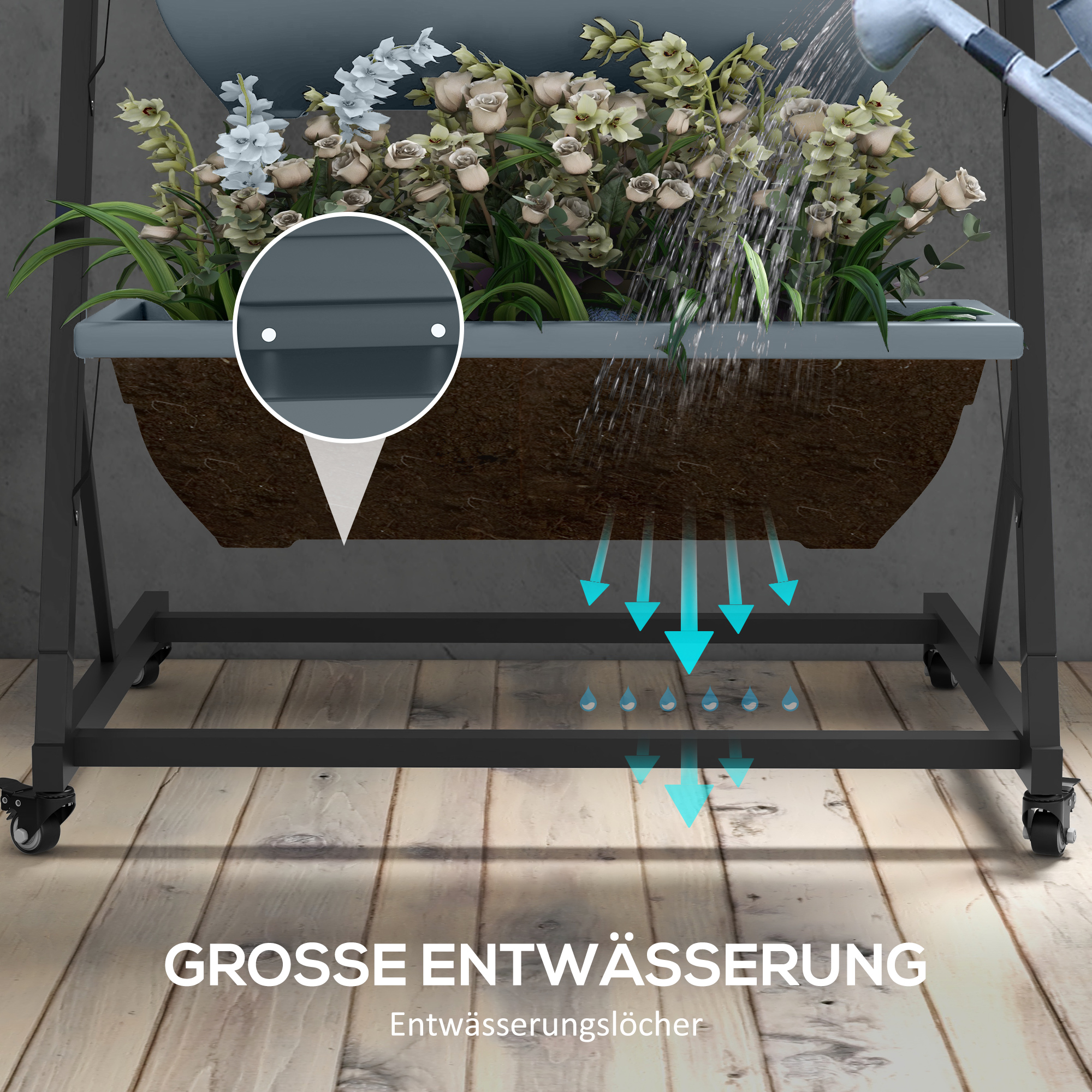 Pflanzentreppe Blumentreppe Pflanzenregal, stapelbar, wetterbeständig, 65 x 67 x 145 cm, Grau + Schwarz
