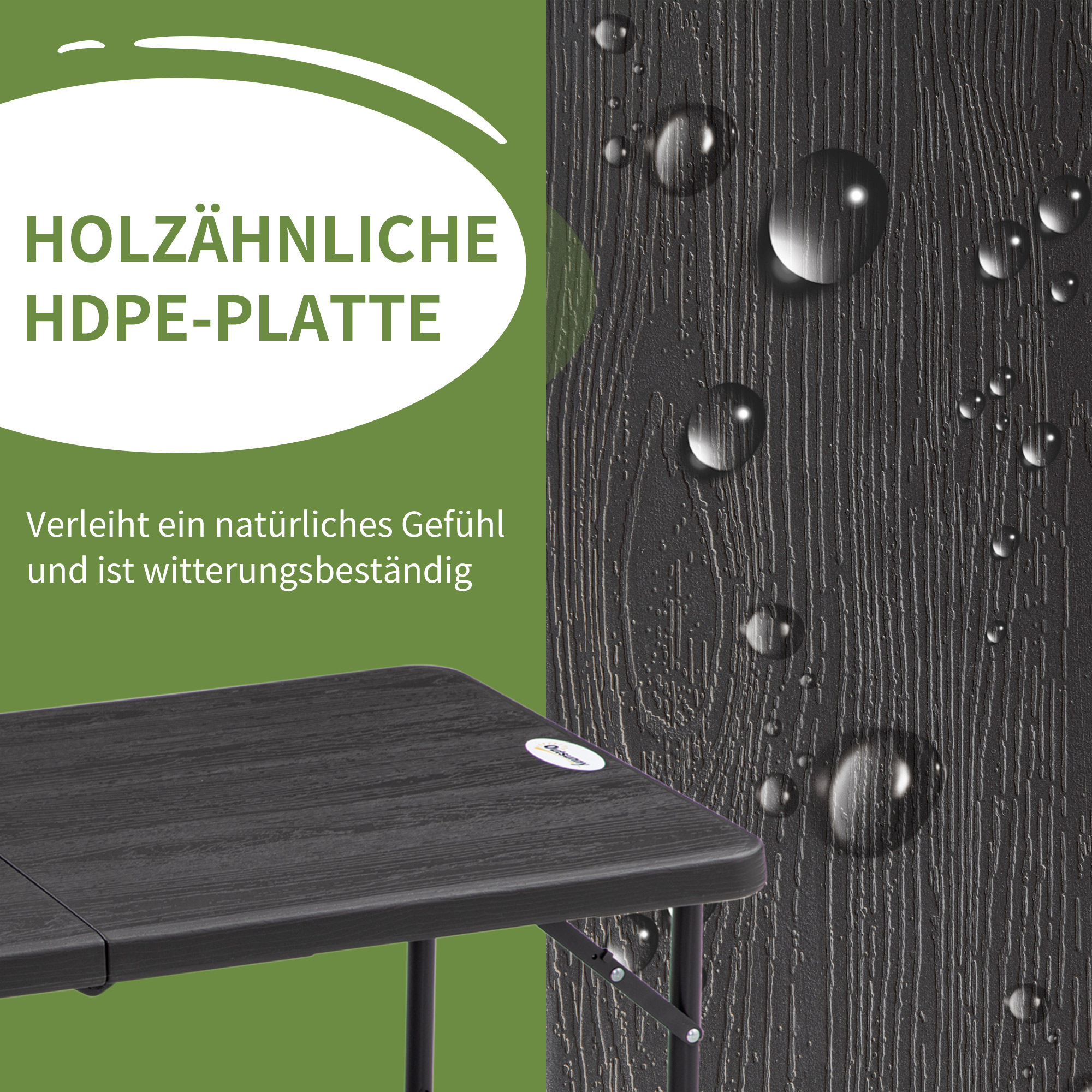 Outdoortisch, Gartentisch, für 4 Pers., klappbar, höhenverstellbar, Holzoptik, grau+schwarz, 118 x 60 x 74 cm