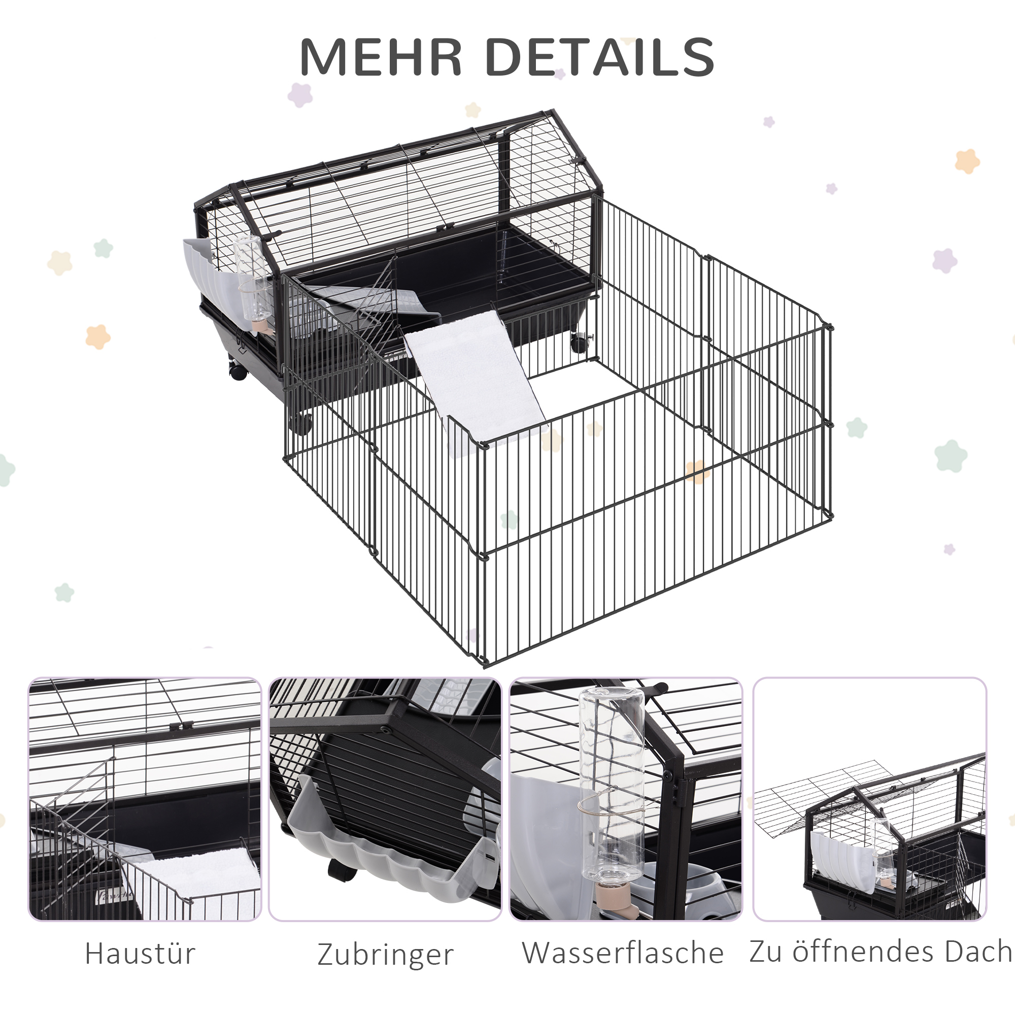 Kleintierkäfig mit Freigehege inkl. Zubehör 88 cm x 128,5 cm x 56 cm  4 Rollen Schwarz Metall Polypropylen