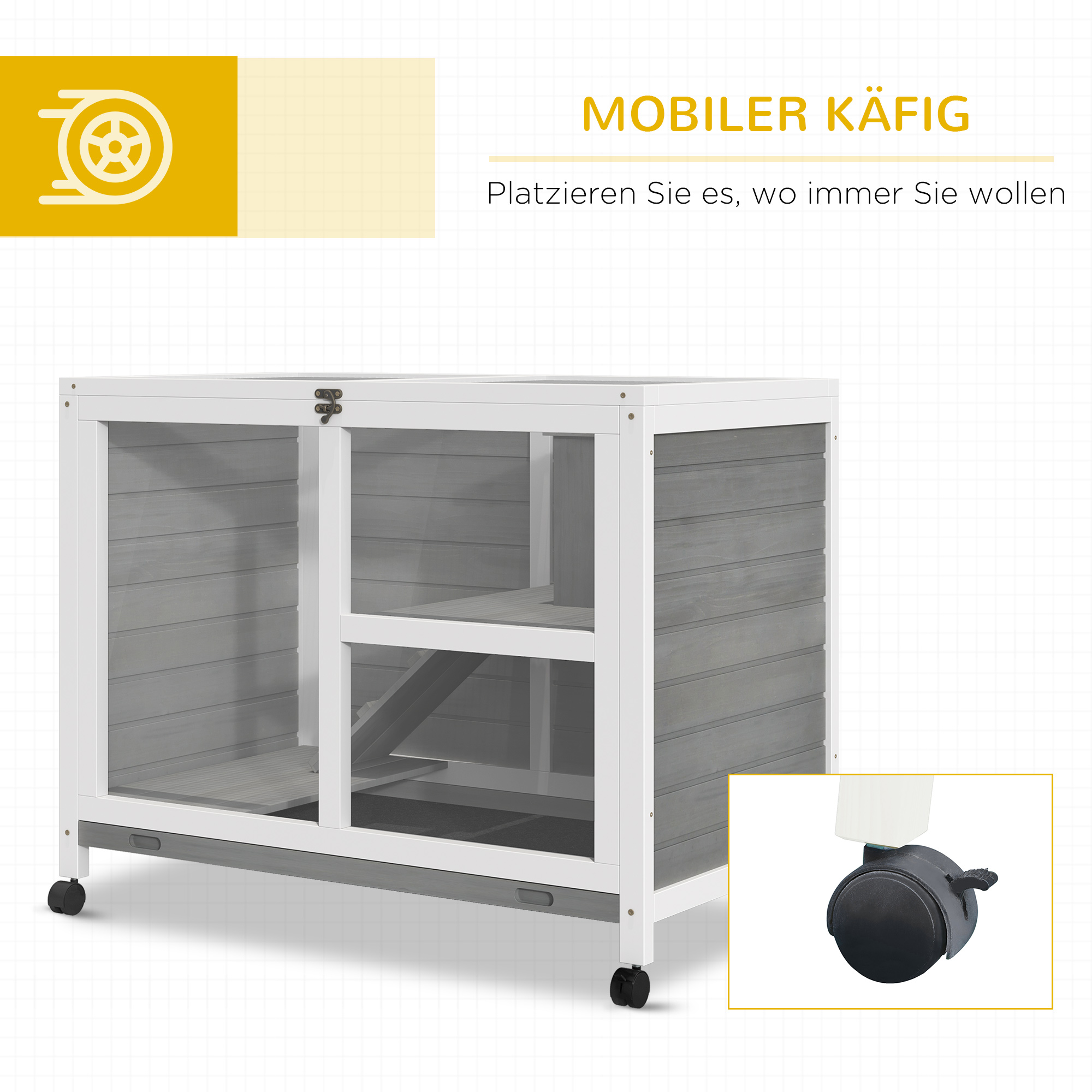 Kleintierstall mit 2 Ebenen 4 Rollen versiegeltes Tannenholz Grau