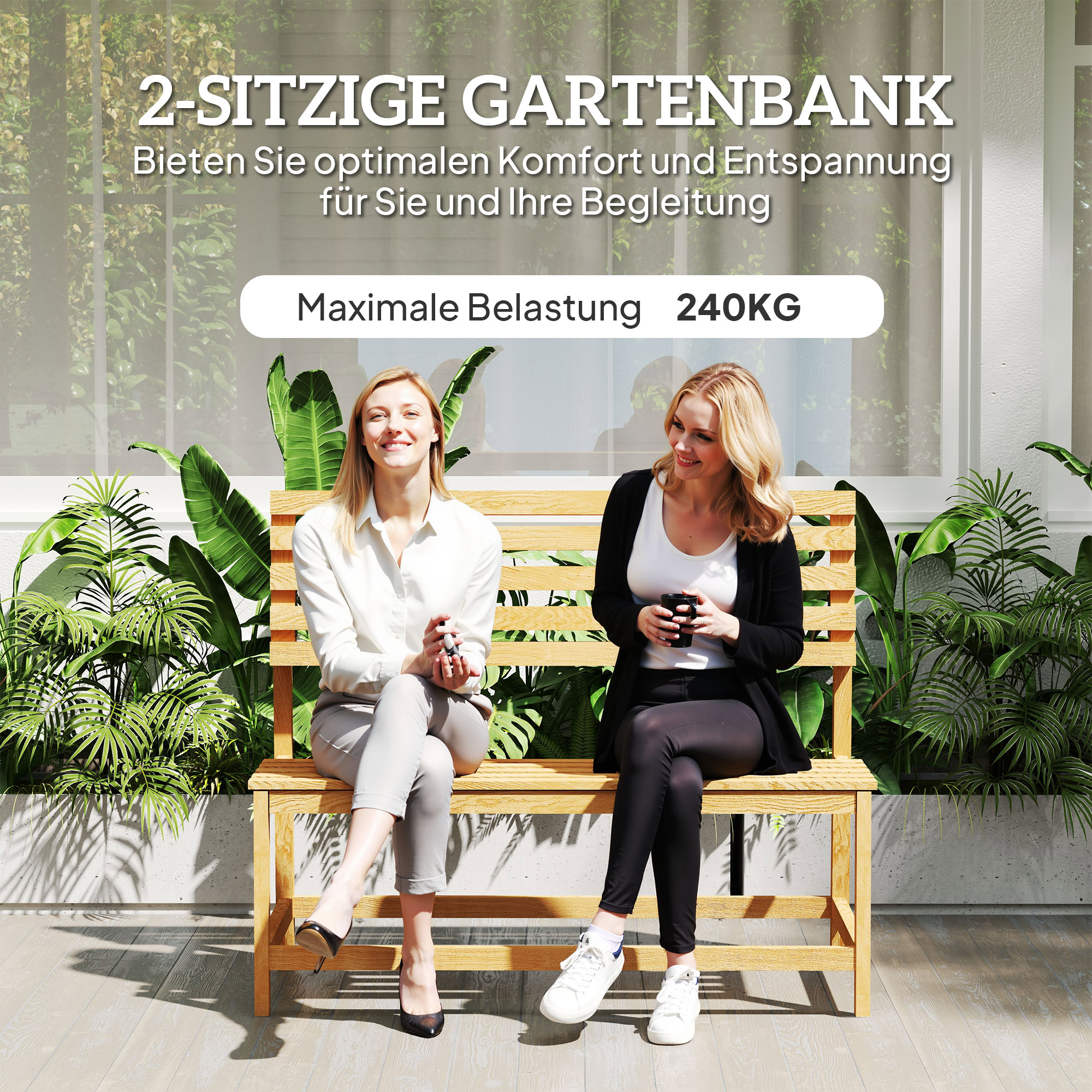 2-Sitzer Gartenbank Holz, wetterfest Sitzbank, UV-Beständig Gartenmöbel mit Umwandelbare Rückenlehnen 110x61x89cm, Teak